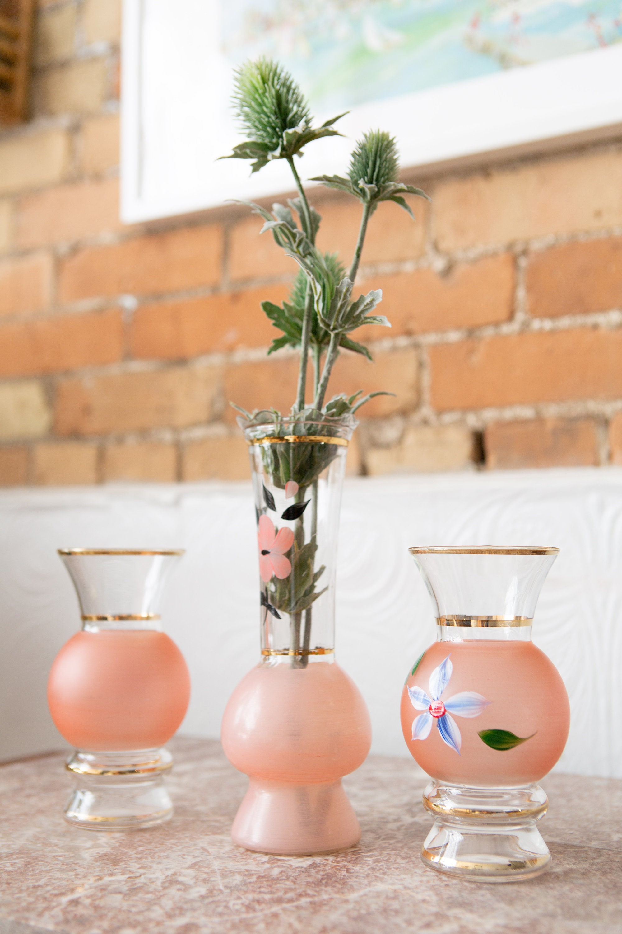 3 Vintage Pink Glass Bud Vases - Bubbled Painted Small And Tall Flower Vase  - Granny Chic Decor - Art Deco Style