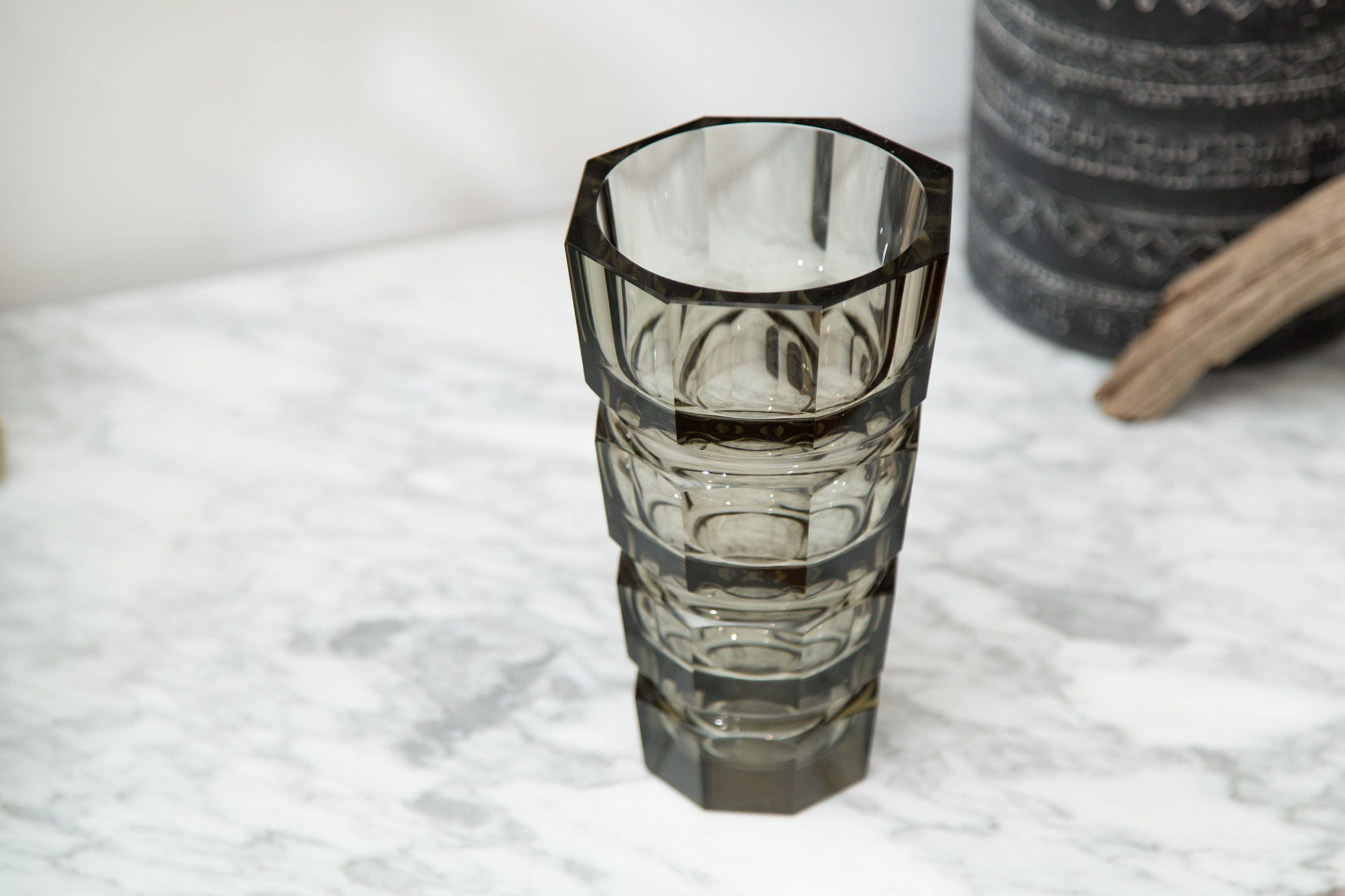 Large Moser Smoked and Cut Glass Vase Octagonal Grey Glass Vase By