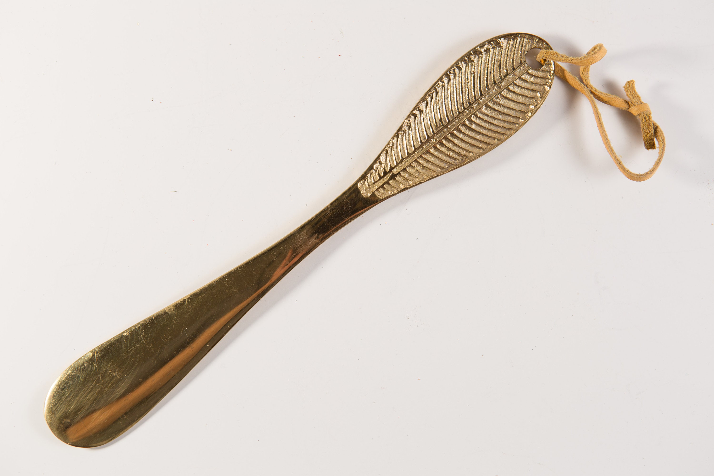 Vintage Brass Shoe Horn Metal with Feather Pattern Gift for Him Fathers Day Gift