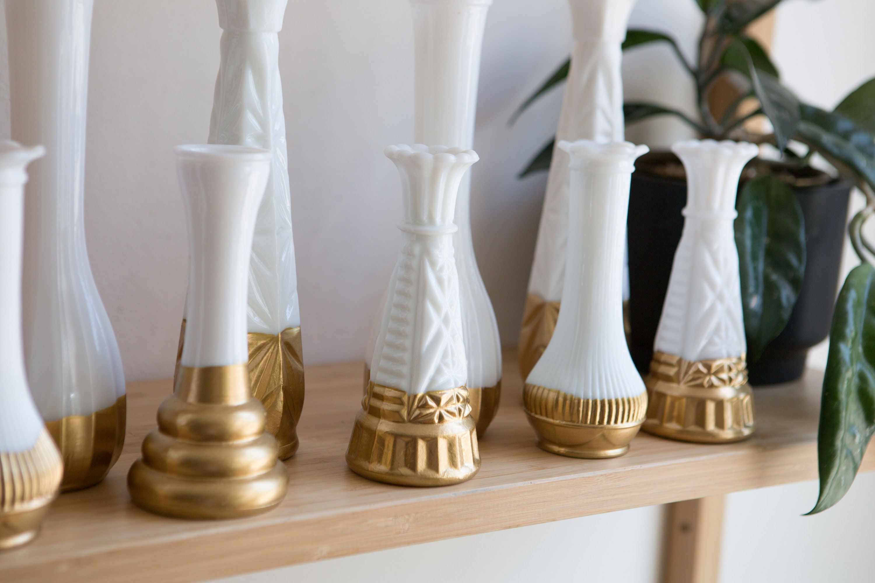 9 Gold Dipped Vases Vintage Geometric White Milk Glass Vases Mid century brass Coloured