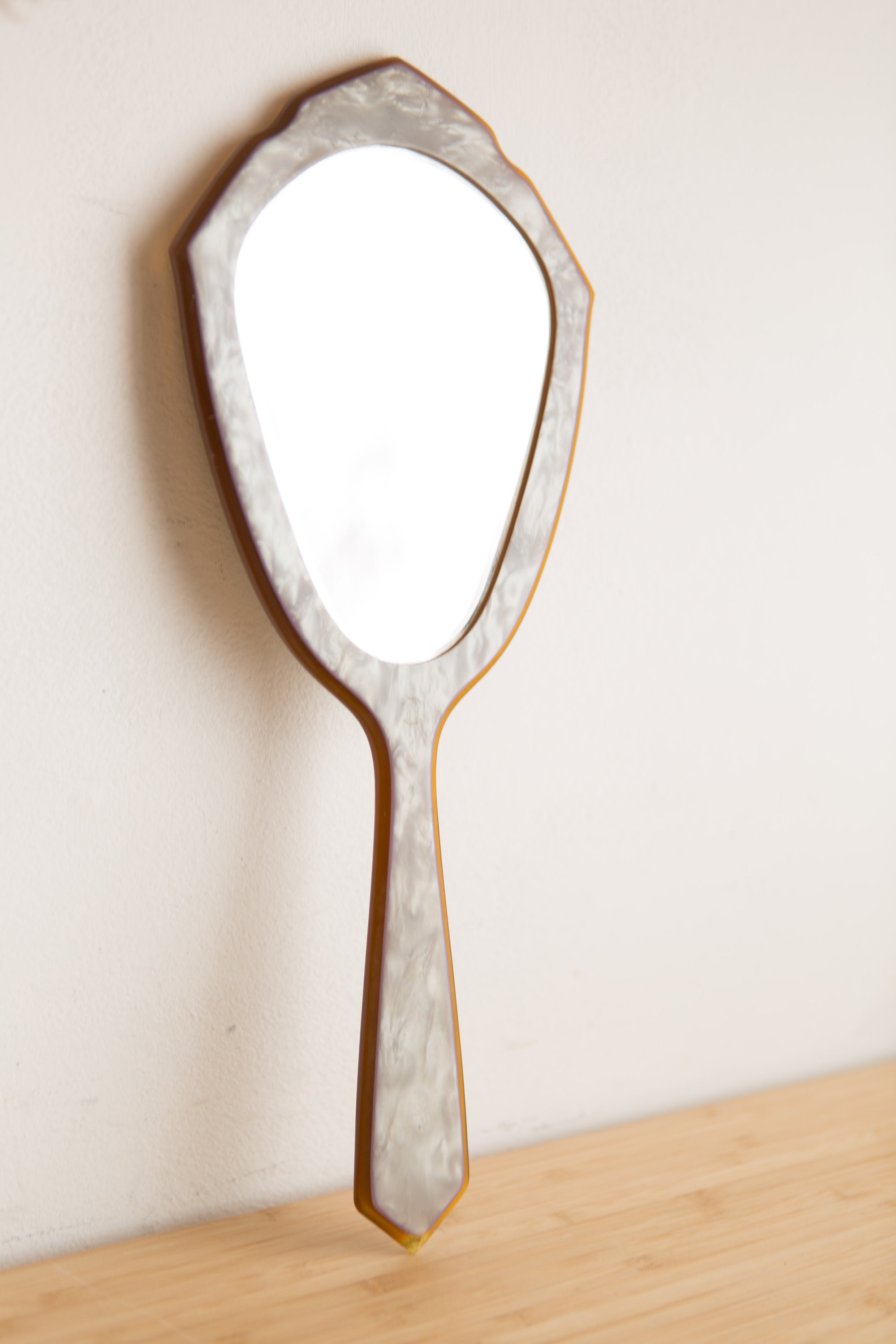 Vintage Vanity Hand Mirror Grey Marbled Floral Plastic Victorian