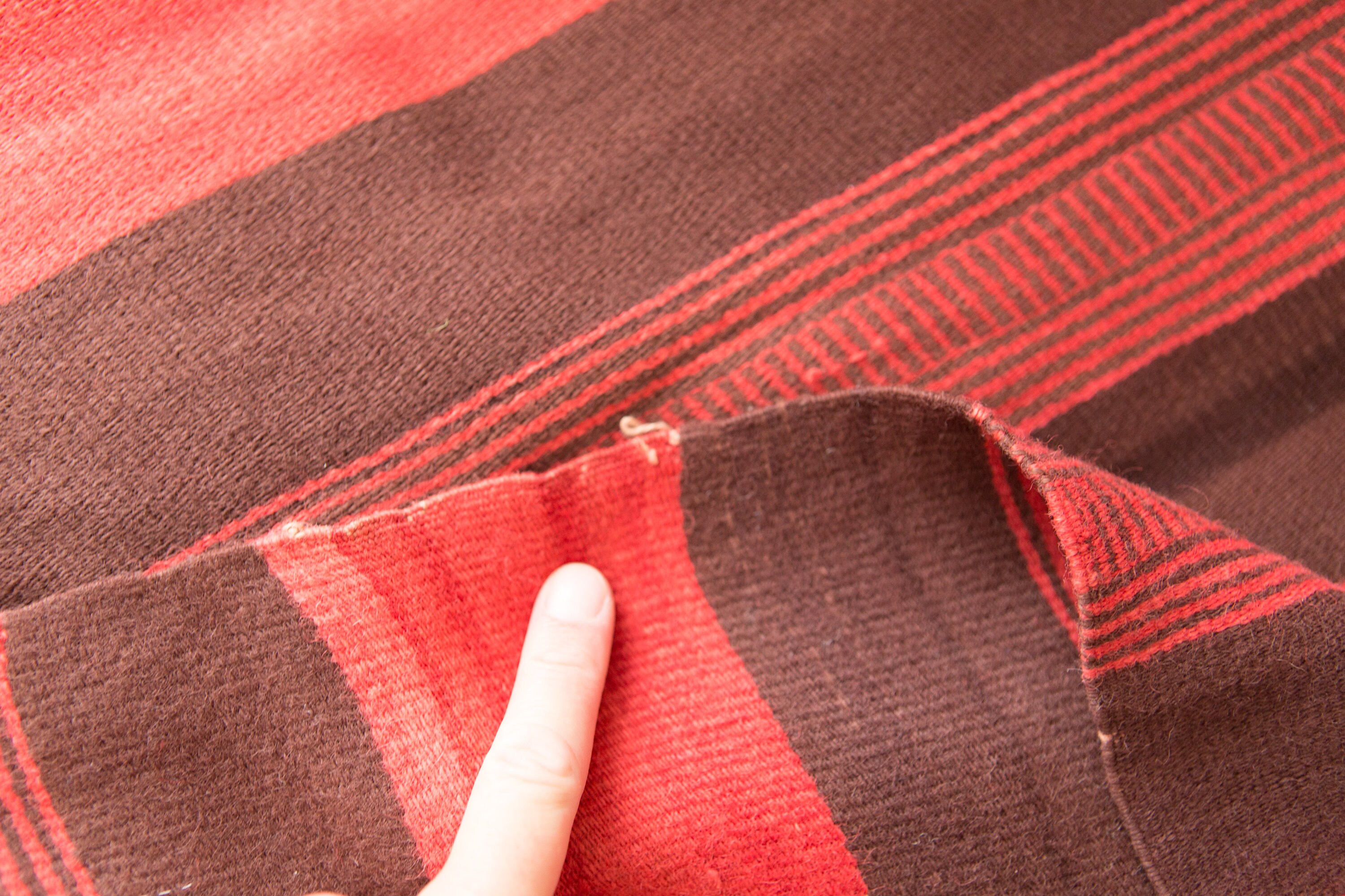 Vintage Bed Cover / Area Rug Loom Woven Red and Brown Wool Blanket