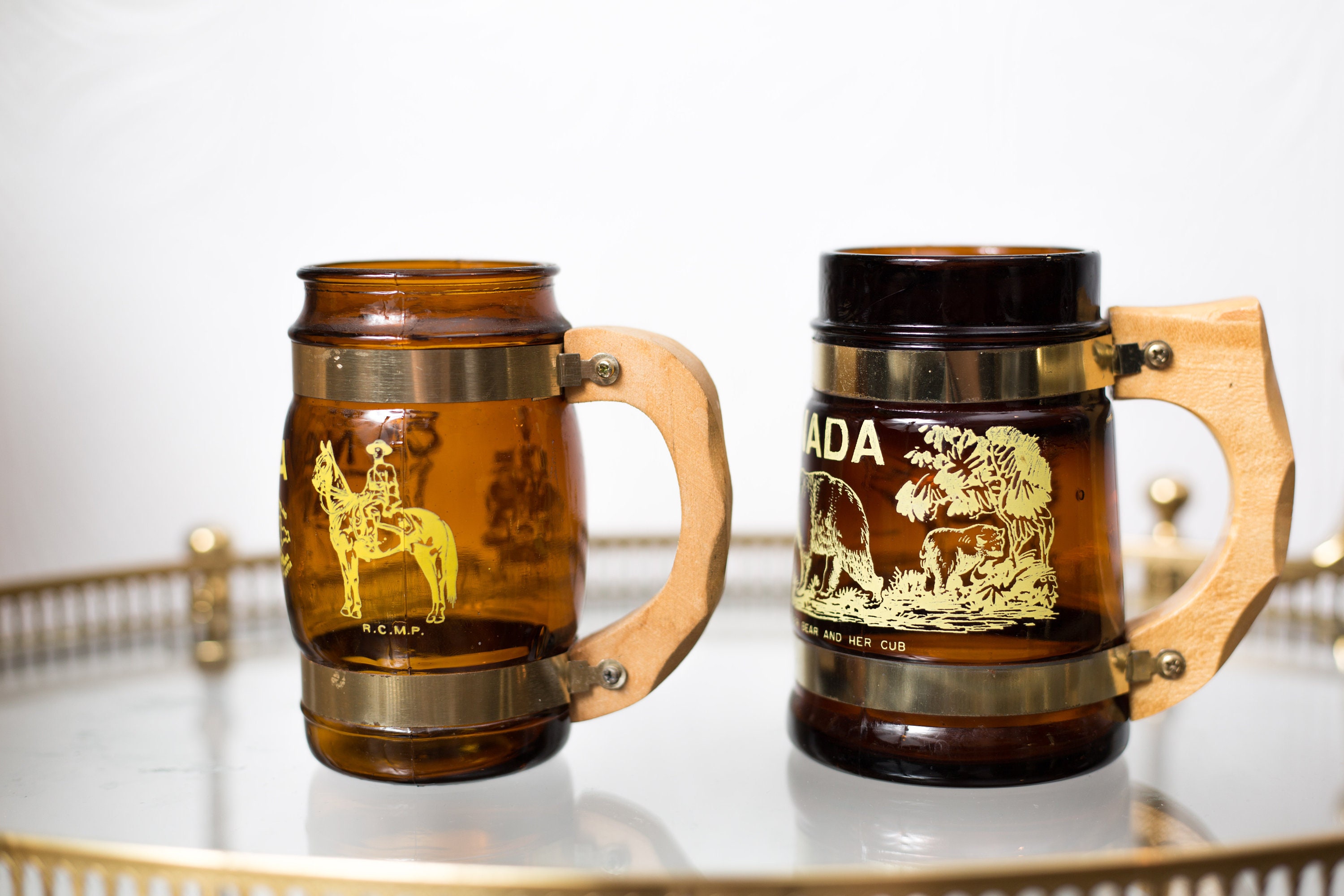 2 Vintage Beer Mugs Brown Glass Canadian Souvenir Mugs with Wood