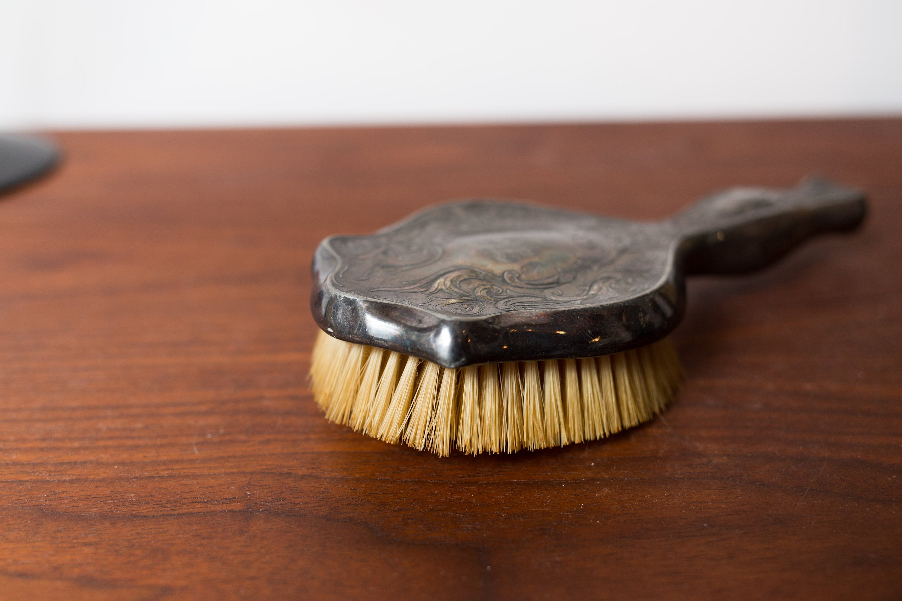 Vintage Hair Brush Silver Plated Ornate Floral Damask Leafy Metal
