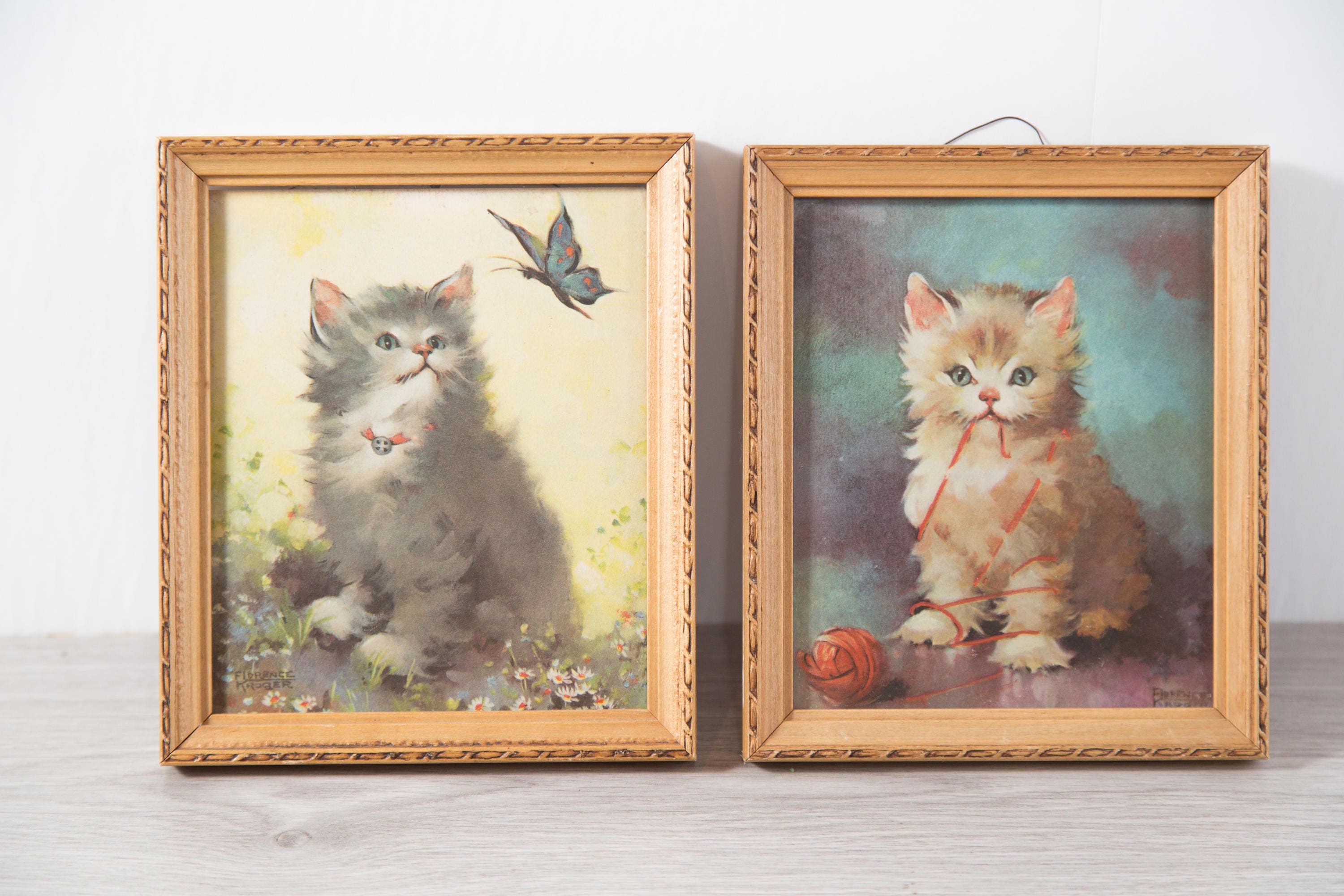 Vintage Cat Prints / Small Framed Rustic Lithographs of Sitting Kittens