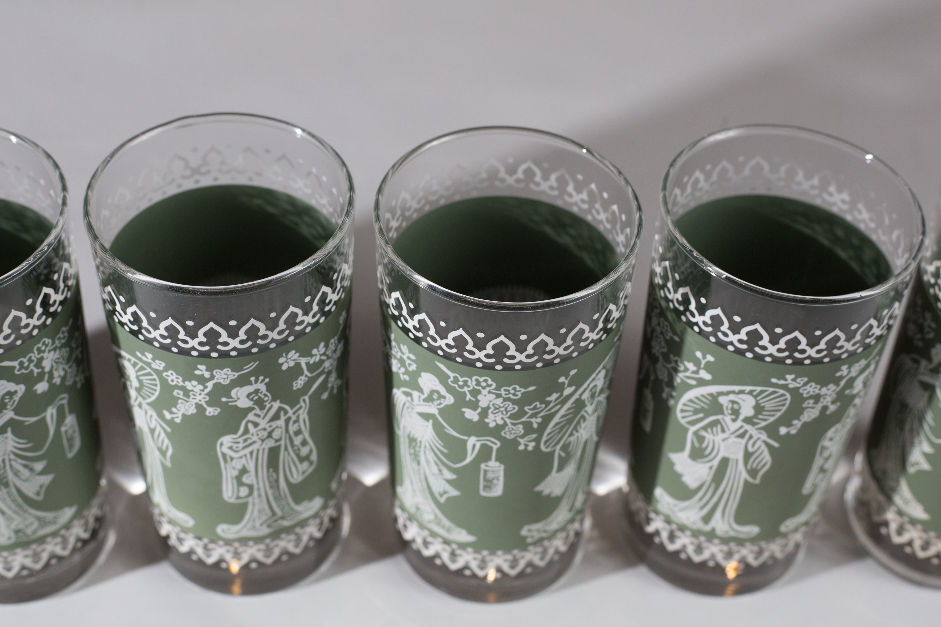 6 Cocktail Glasses Greek / Asian Style Vintage Clear Glass with Green Motif Wedgwood Style
