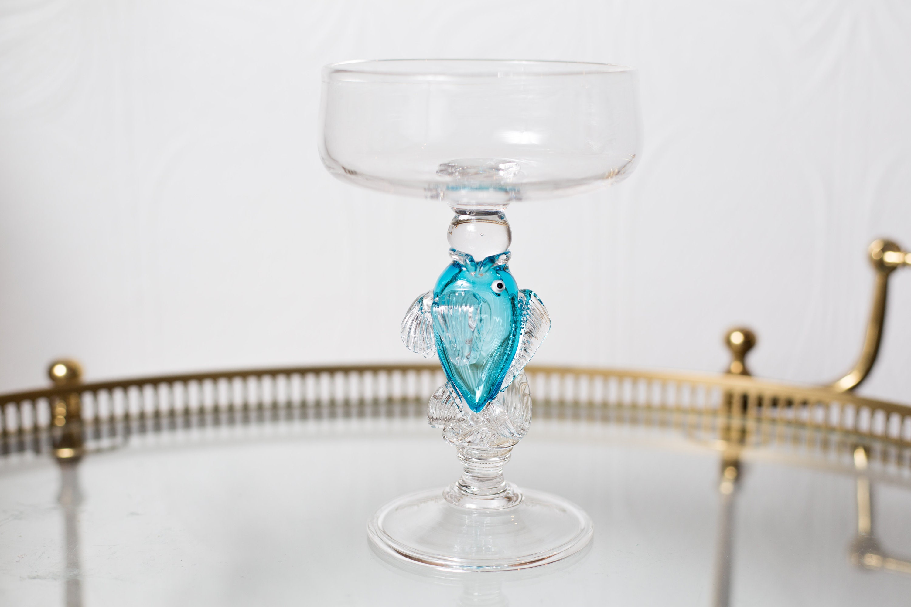 Blue Fish Margarita Glasses 12oz Hand Blown Studio Art Nautical