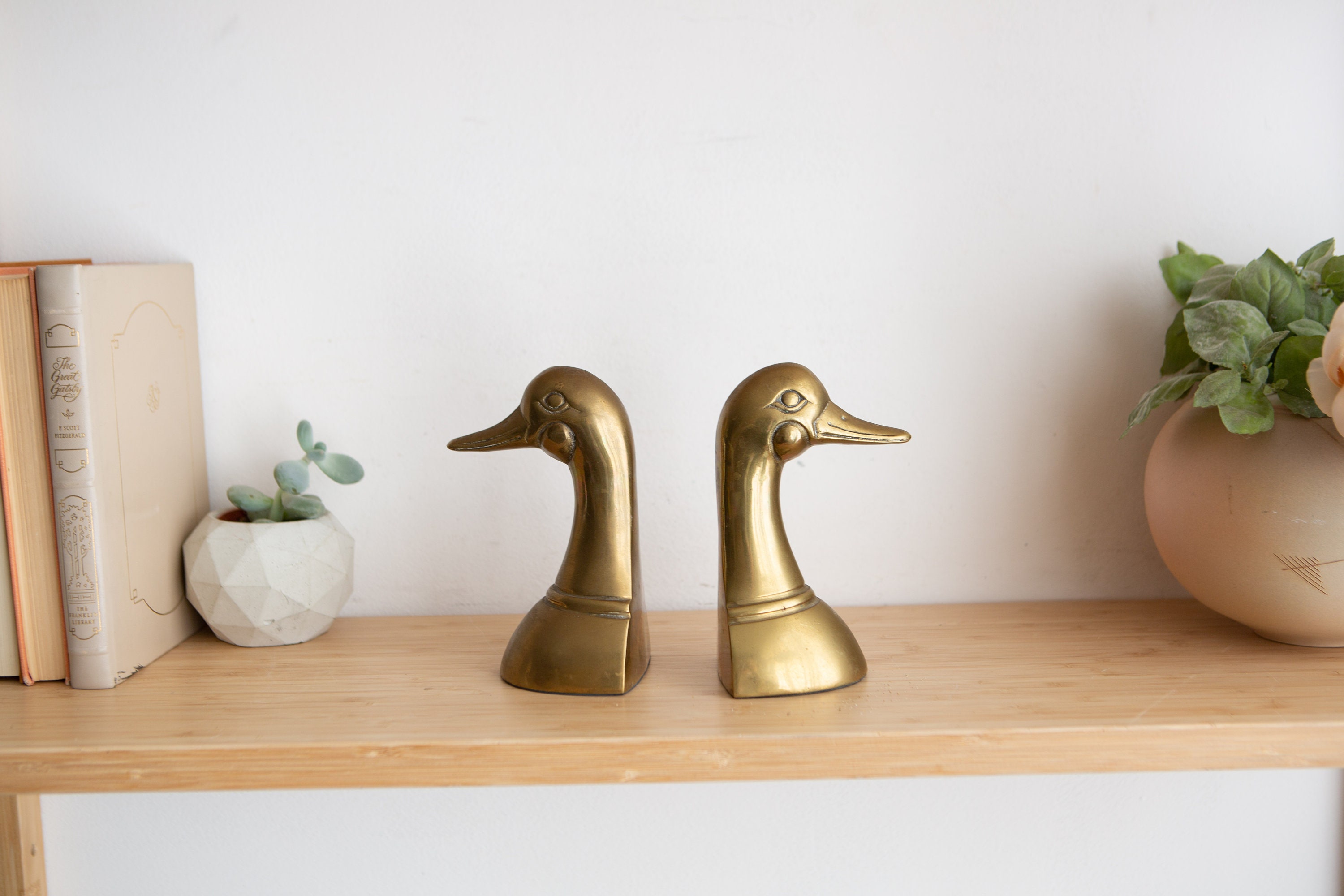 Vintage Duck Bookends - Gold Coloured Brass Decor - Sand Filled