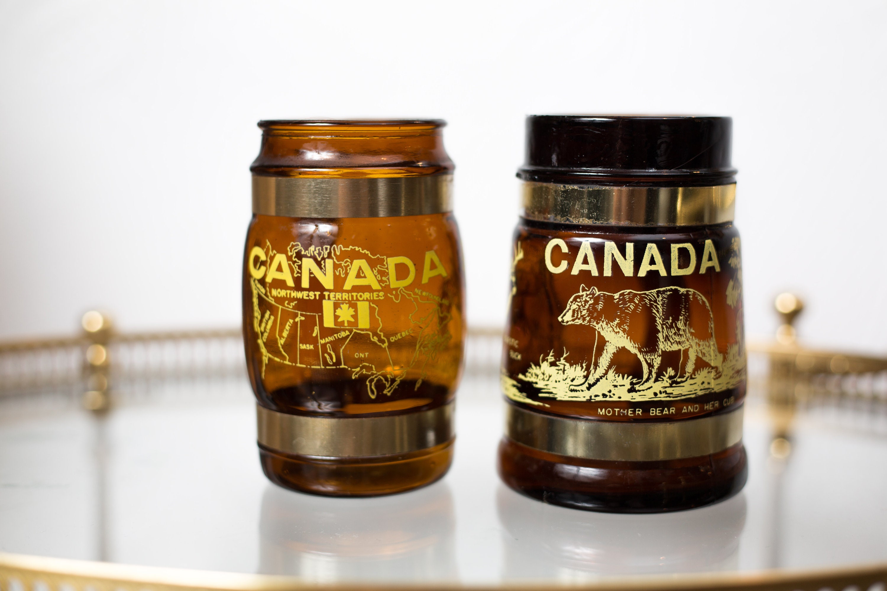 2 Vintage Beer Mugs Brown Glass Canadian Souvenir Mugs with Wood