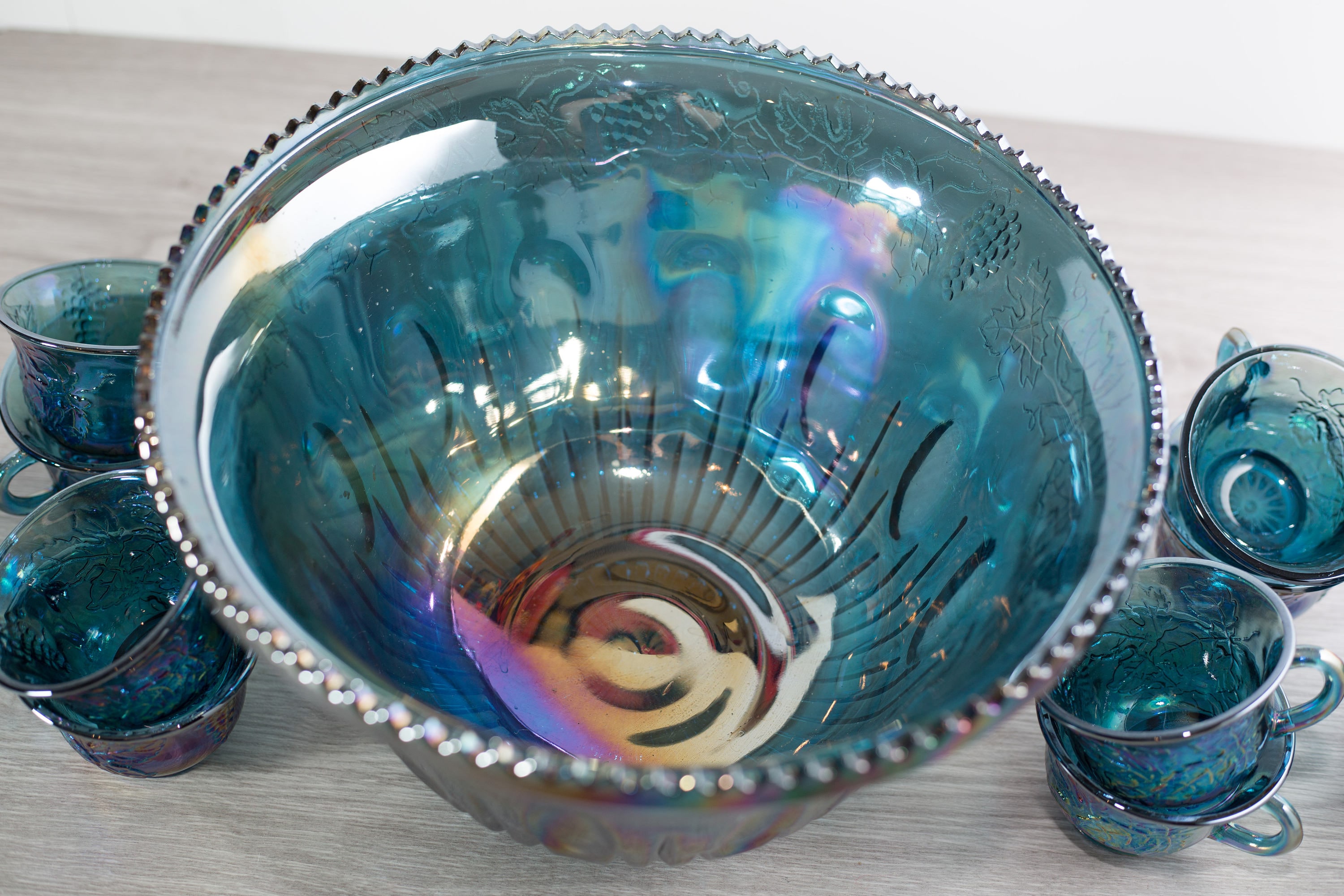 Vintage Iridescent Punchbowl and Cups Indiana Iridescent Blue and