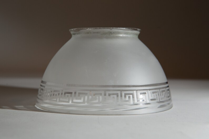 Vintage Glass Shade Geometric Greek Meander Spiral Traditional Pattern Translucent Frosted Etch Hand Blown Art