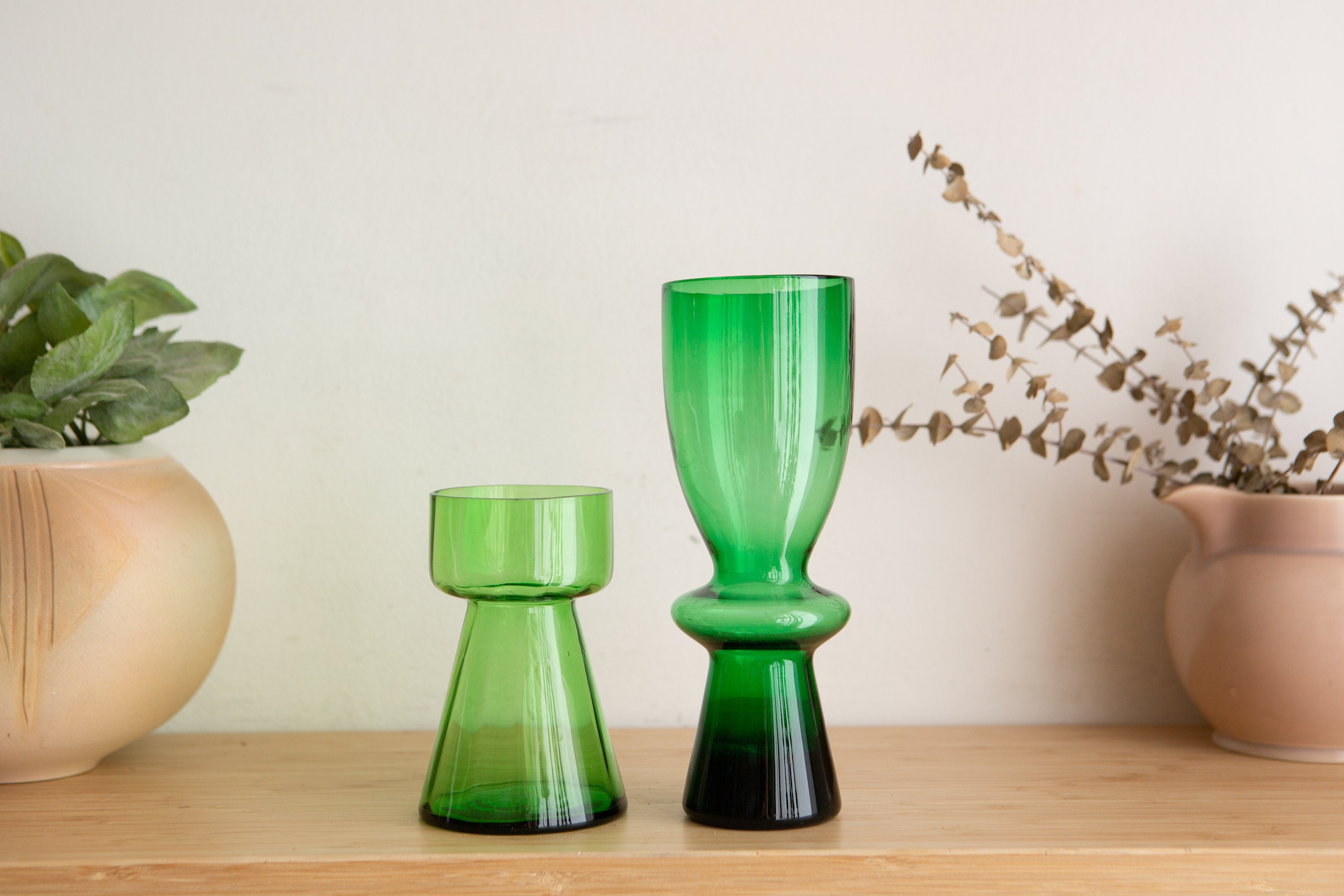 2 Vintage Green Glass Vases Handblown Small Glass Vase