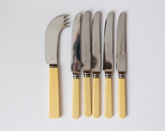 6-piece Knife Set with Cellulouid Plastic Handles by Sheffield, Birks - Metal with White Ivorine Handles- Butter Knives