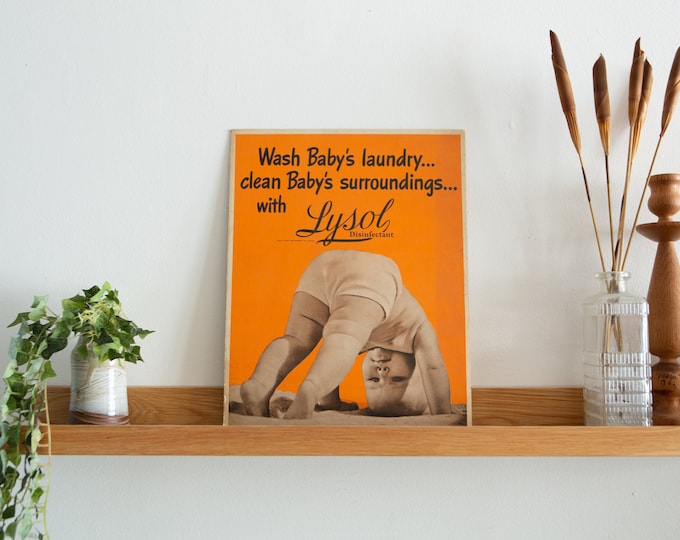 1940's Vintage Lysol Store Display of Baby - Bright Orange Art Deco Era Wall Art Lithograph