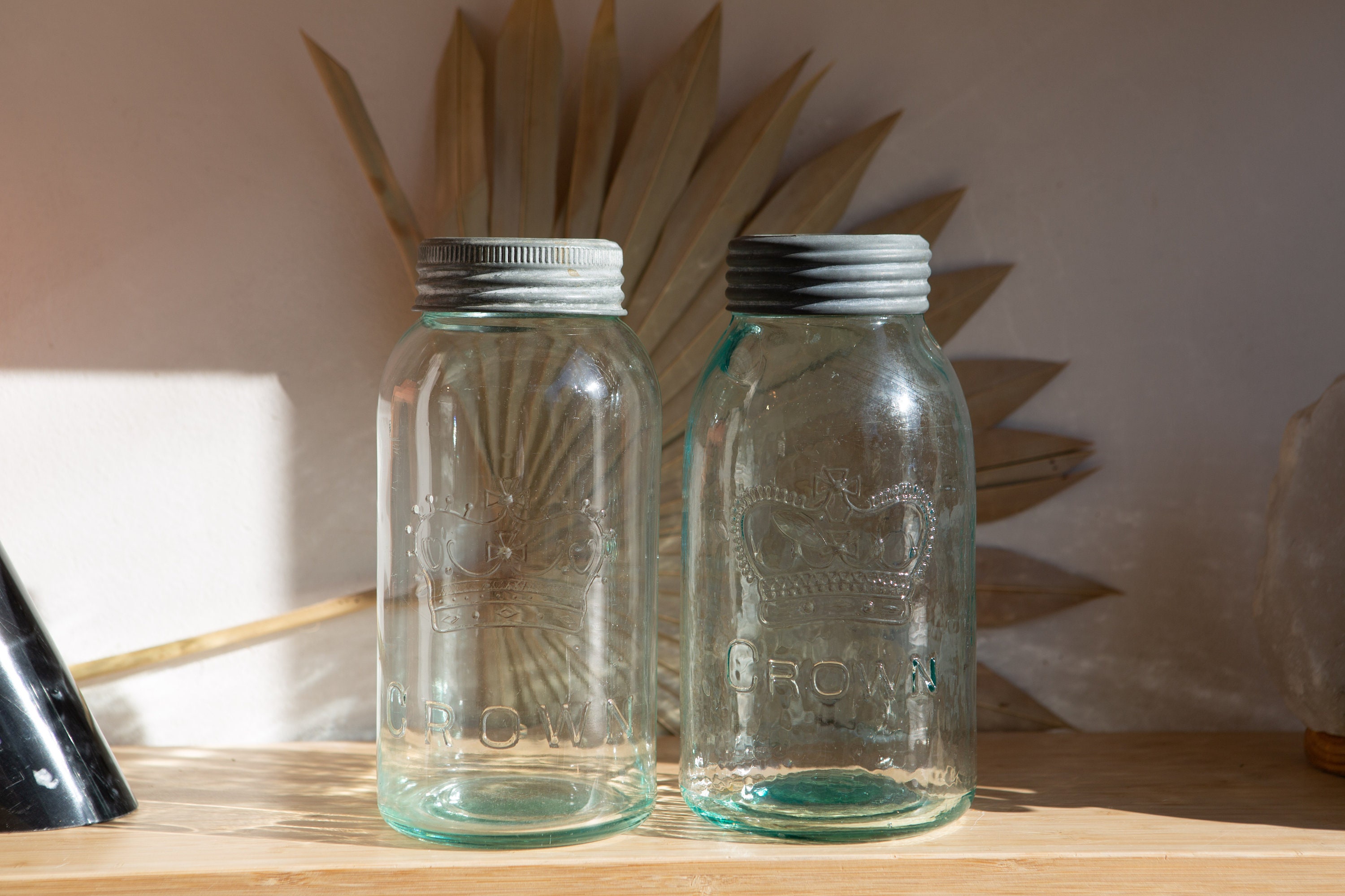 2 Large Vintage Crown Canning Mason Jars with Blue Glass and Zinc Lid