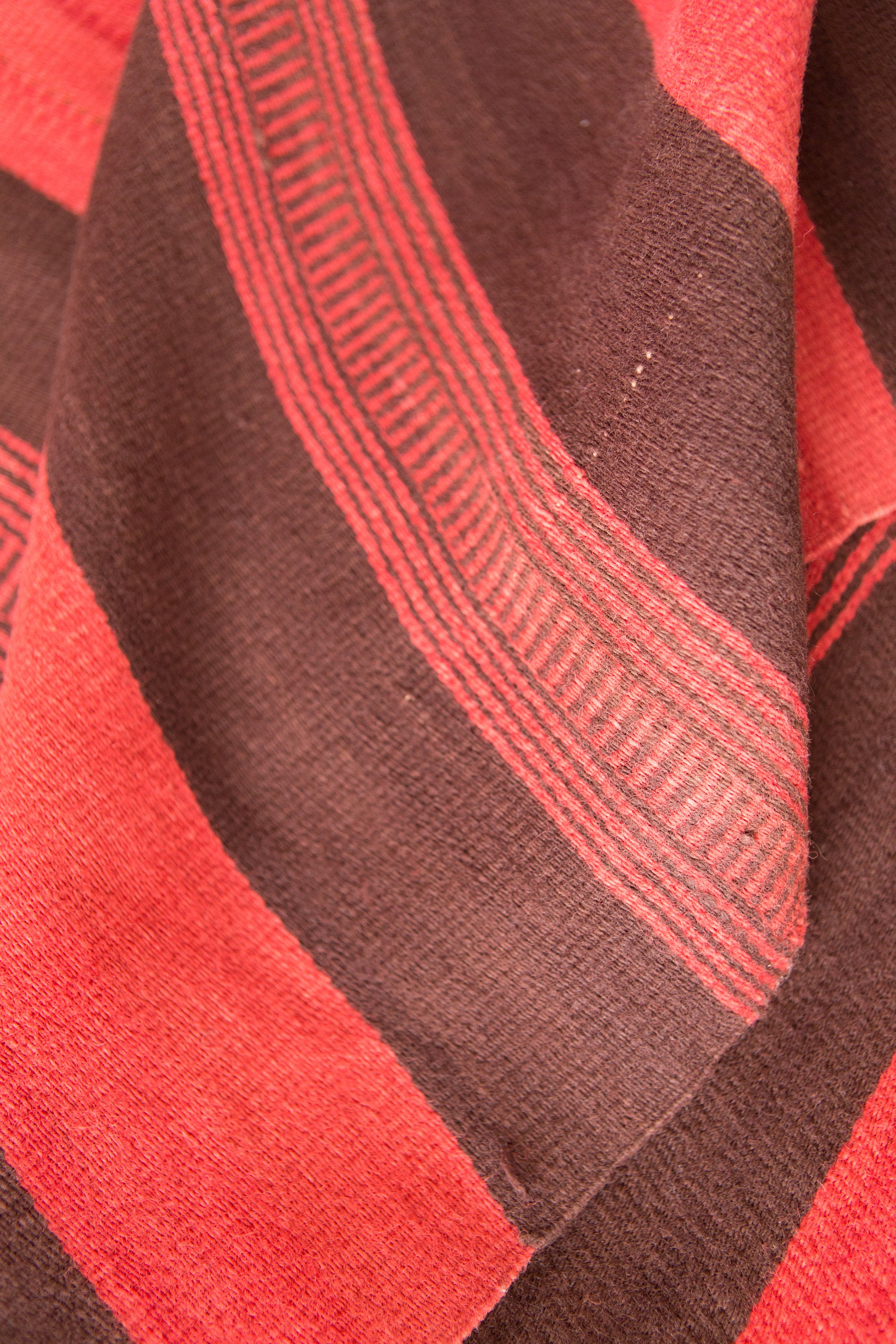 Vintage Bed Cover / Area Rug Loom Woven Red and Brown Wool Blanket