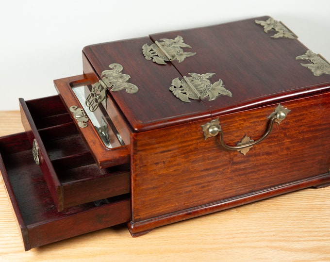 Vintage Chinese Travelling Vanity Mirror/Shaving Box 1930s / Antique Wood Jewelry Box