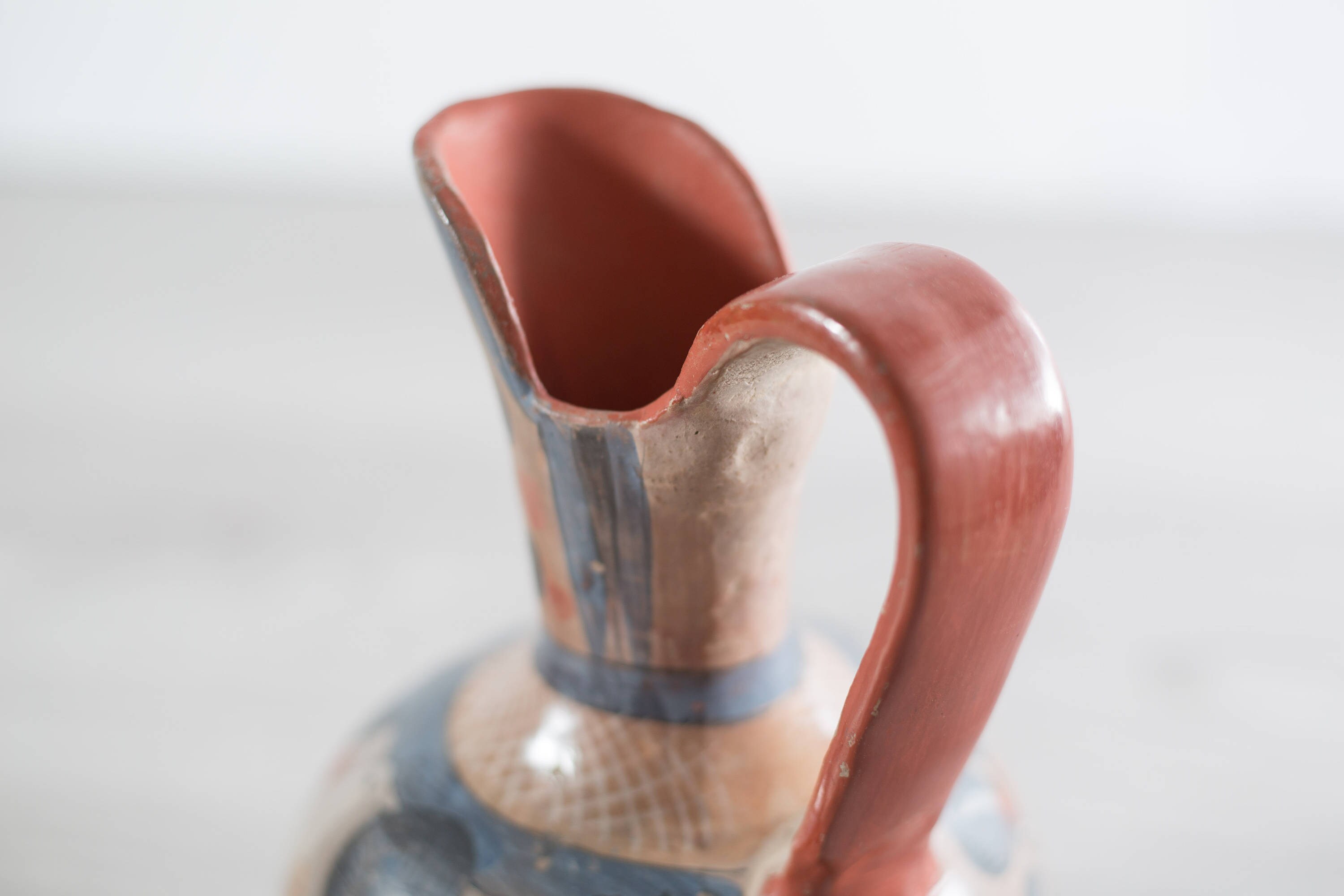 Vintage Mexican Tonala Pottery Water Jug / Hand Painted Ewer with Bird