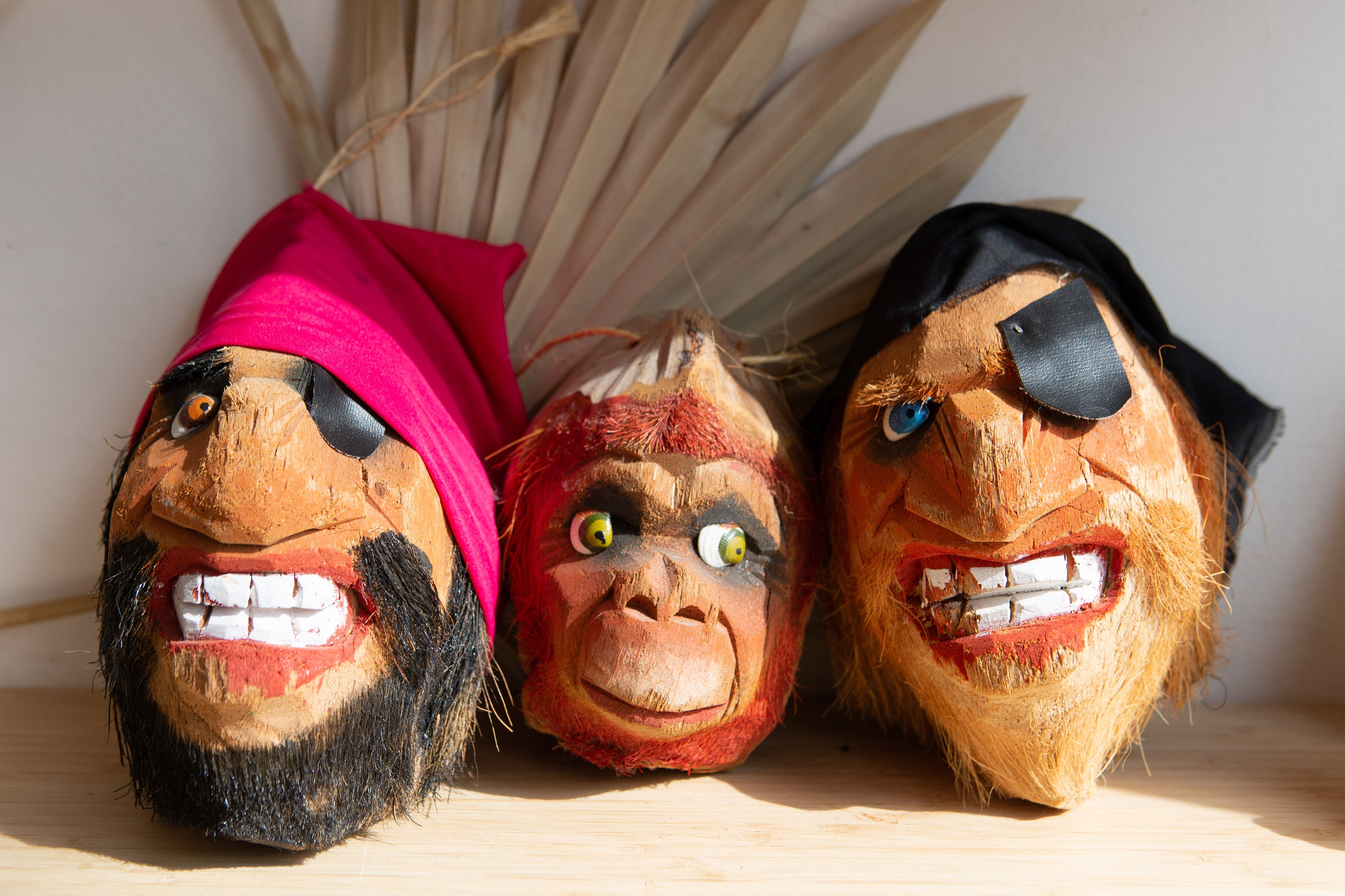 3 Vintage Coconut Pirate Heads Tropical Hanging Coconut Husk Heads