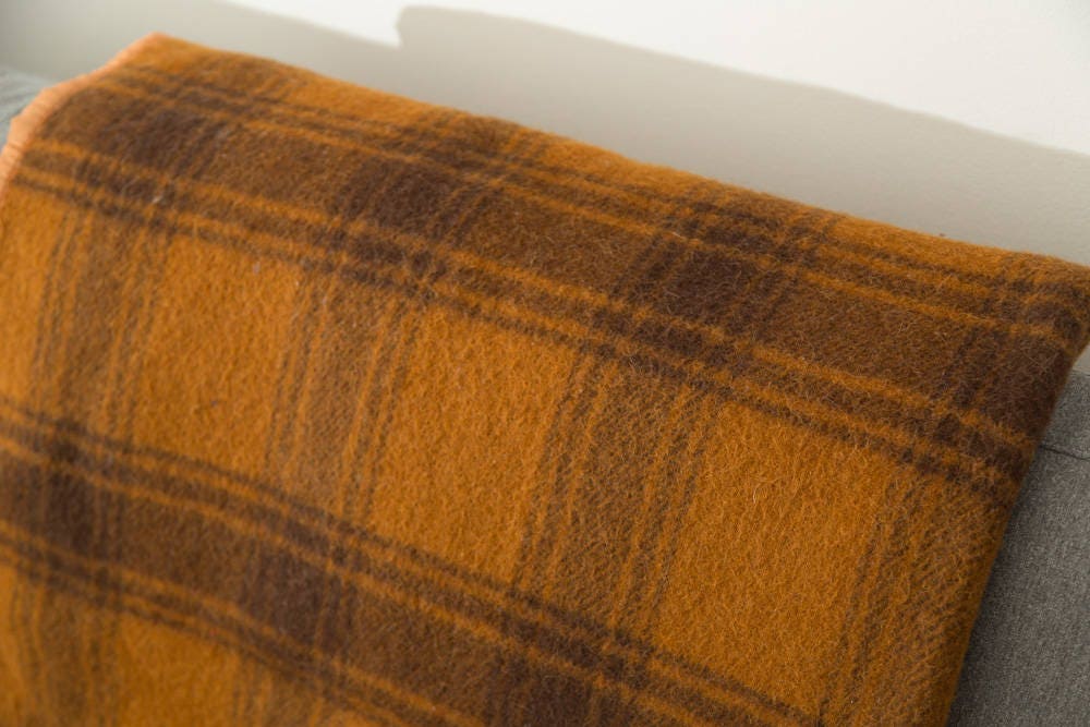 Orange Wool Blanket / Vintage Checkered Plaid Throw / Cottage Couch or