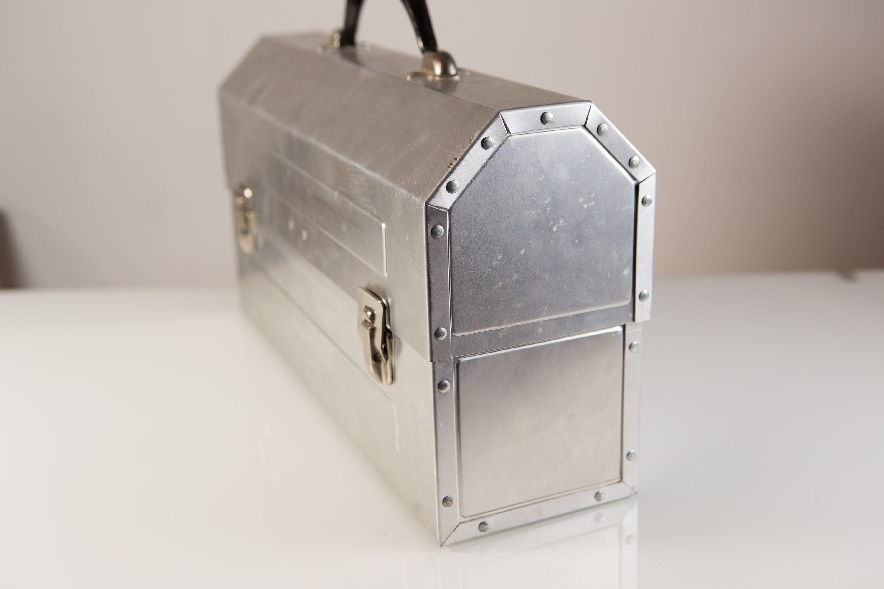 Original Miners Lunch Box Silver Coloured Metal Hard Shell Vintage