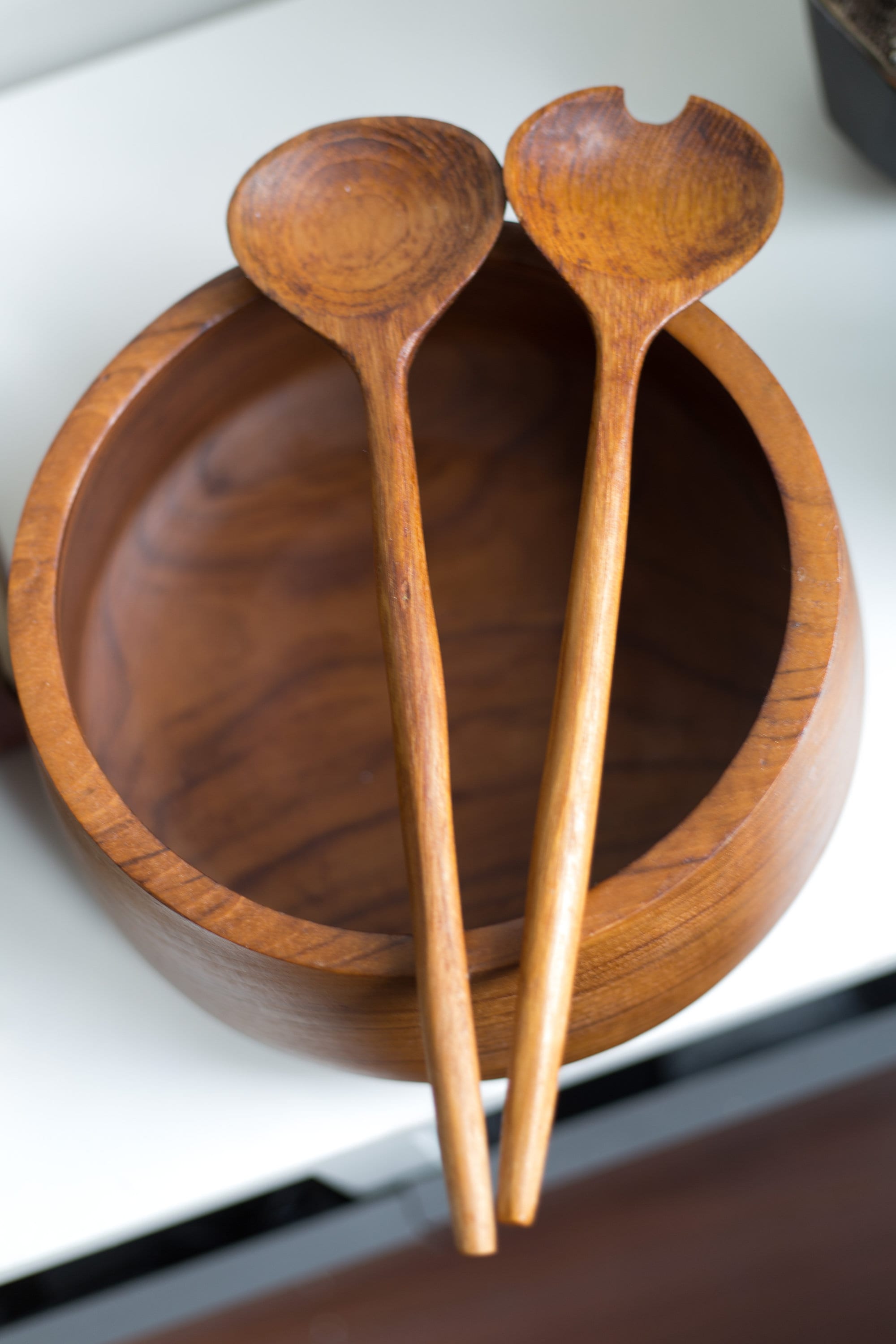 Teak Salad Bowl, Tongs and Salt and Pepper Shakers Vintage Solid