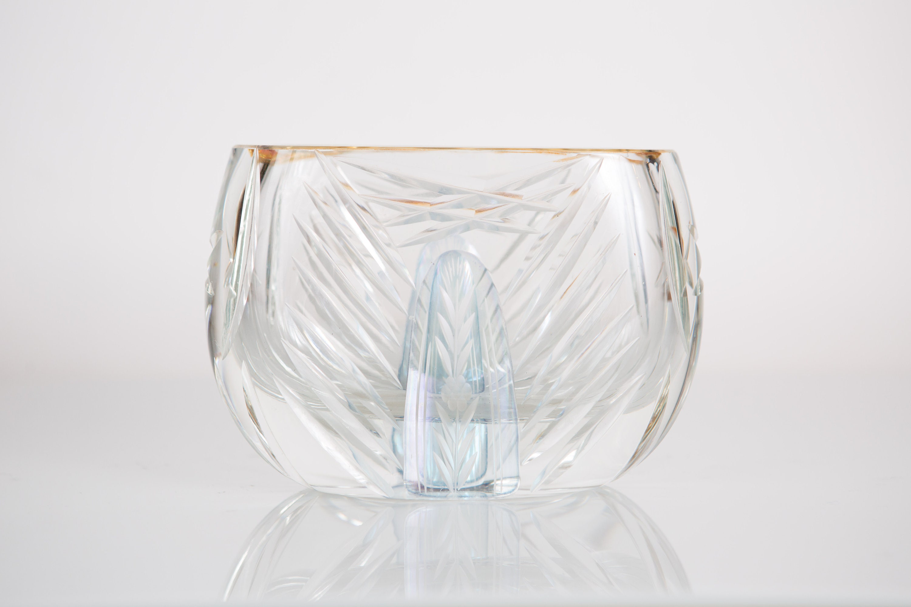 Vintage Crystal Cut Glass Vase with Iridescvent Rim Short and Wide