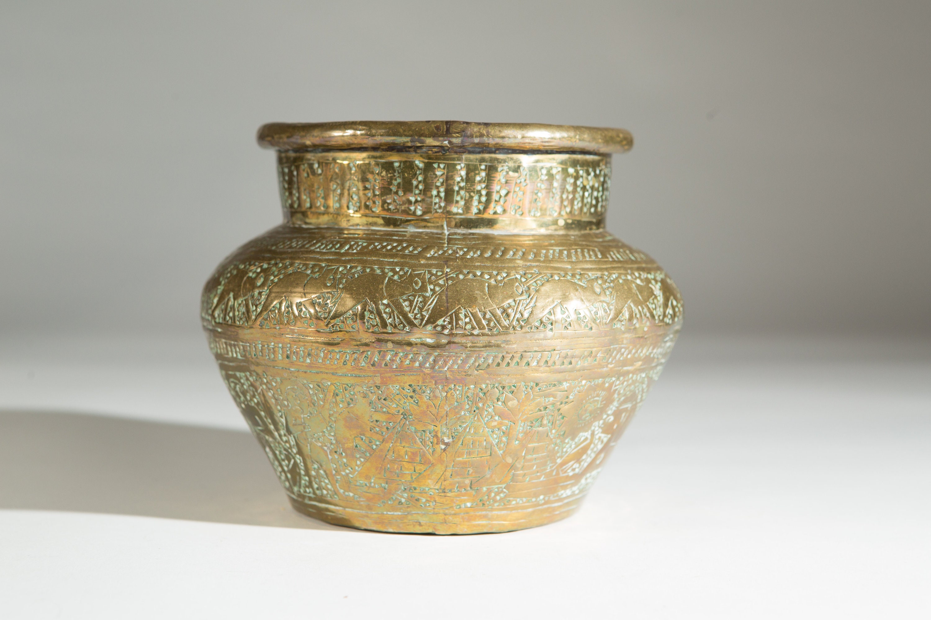 Egyptian Brass Planter Vintage Pot with Pyramids, Sphinx Round