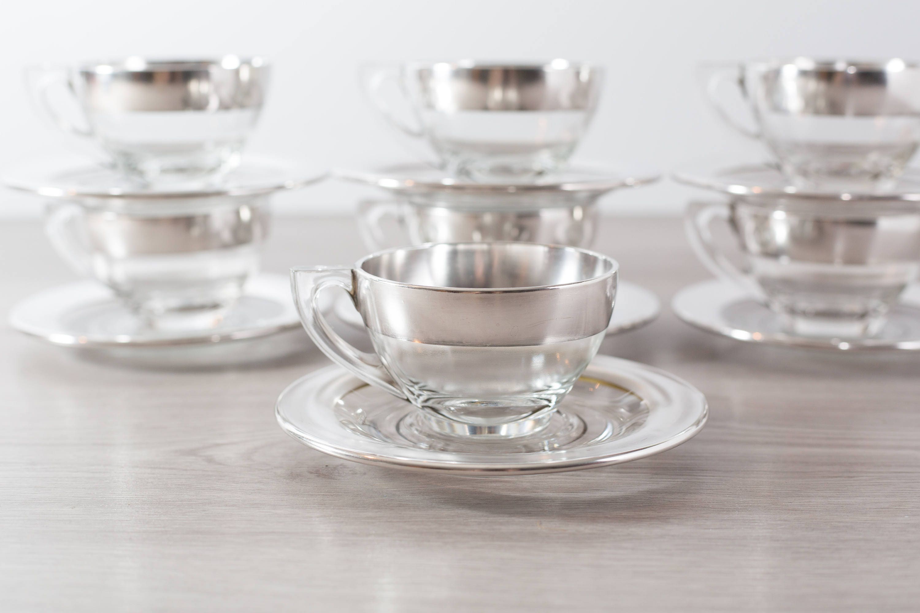 Glass and Silver Teacups / Set of 7 Vintage Silver Banded Tea Cups and