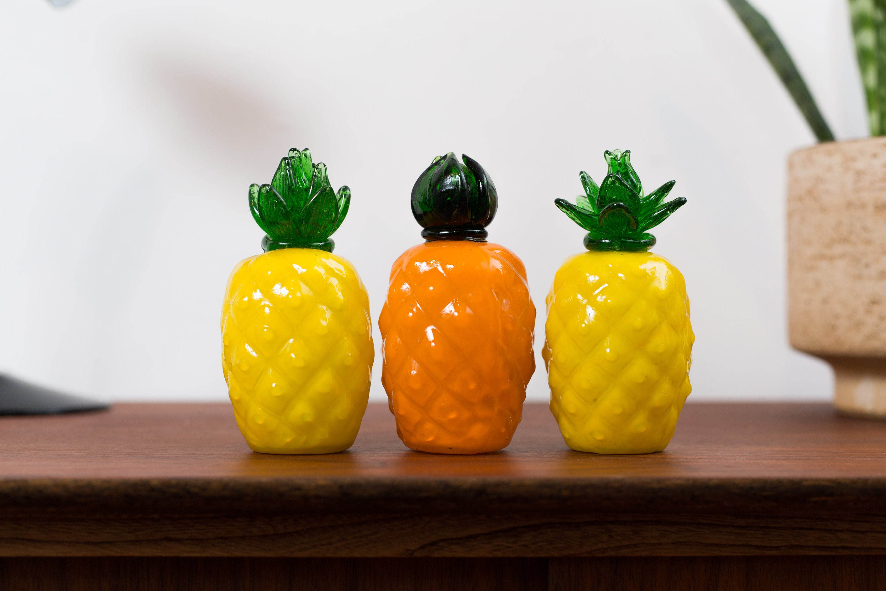 Vintage Glass Pineapples Set of 3 Retro Art Glass Fruit Mid Century