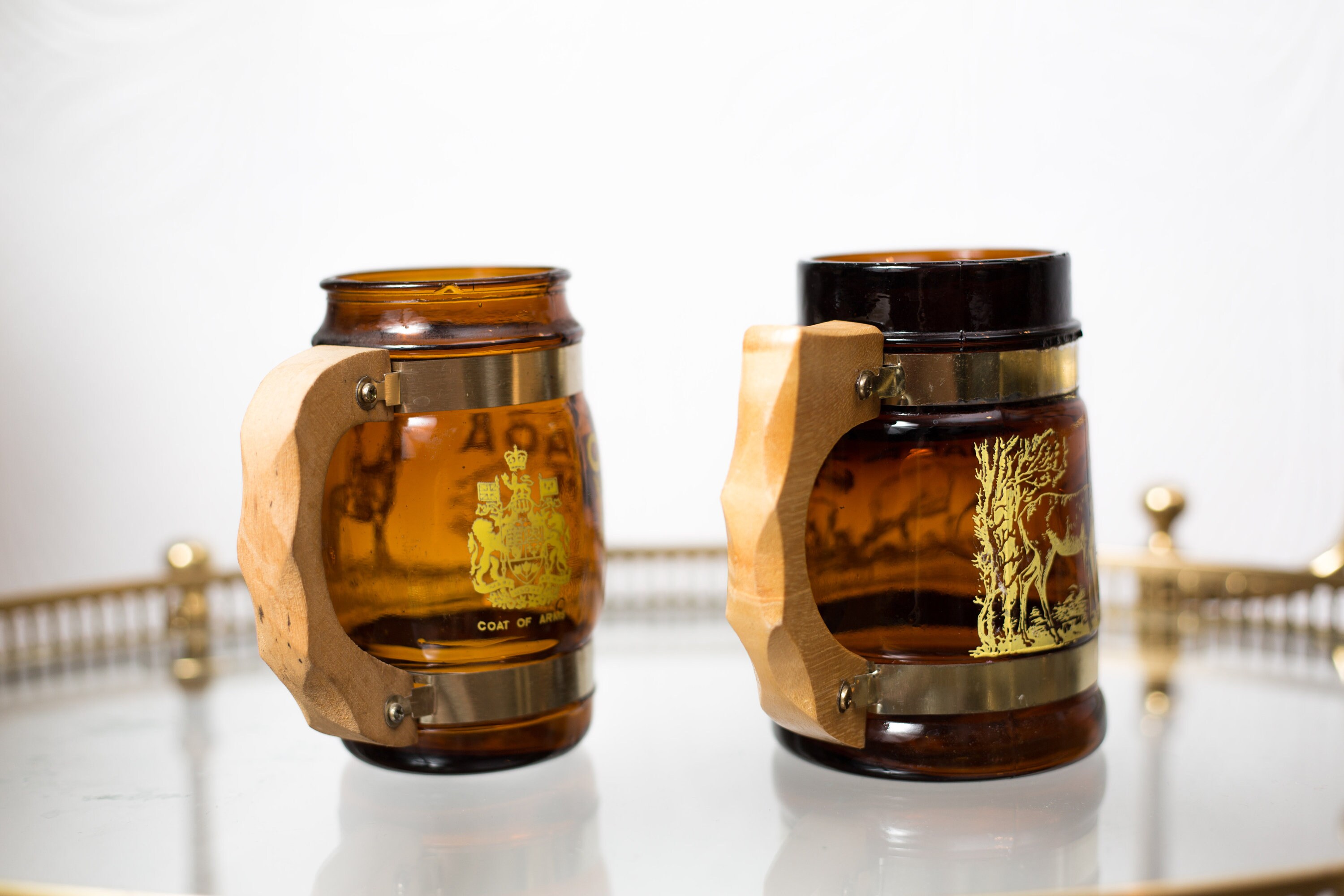 2 Vintage Beer Mugs Brown Glass Canadian Souvenir Mugs with Wood