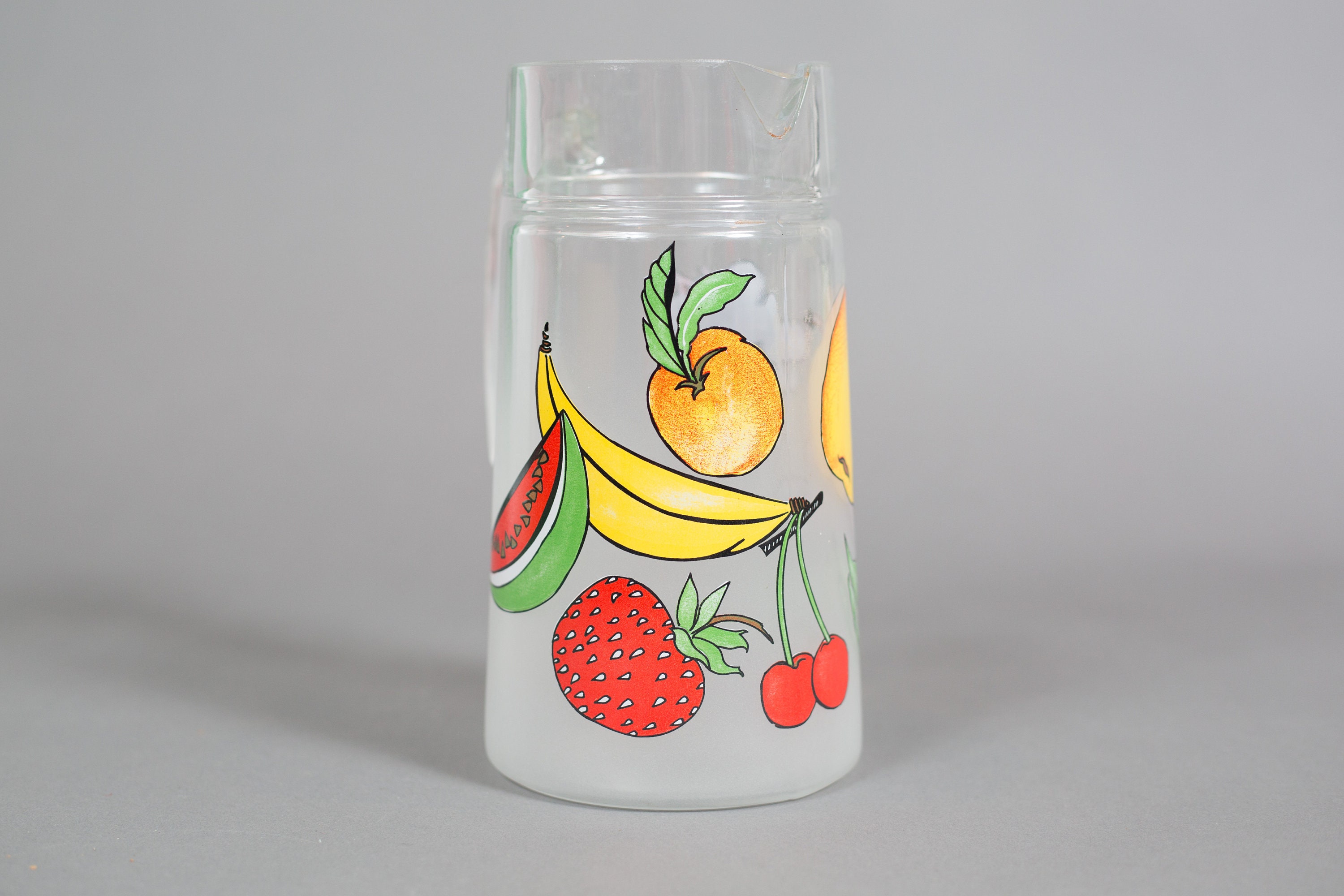 French Vintage Fruit Pattern Glass Pitcher and Juice Glasses. 