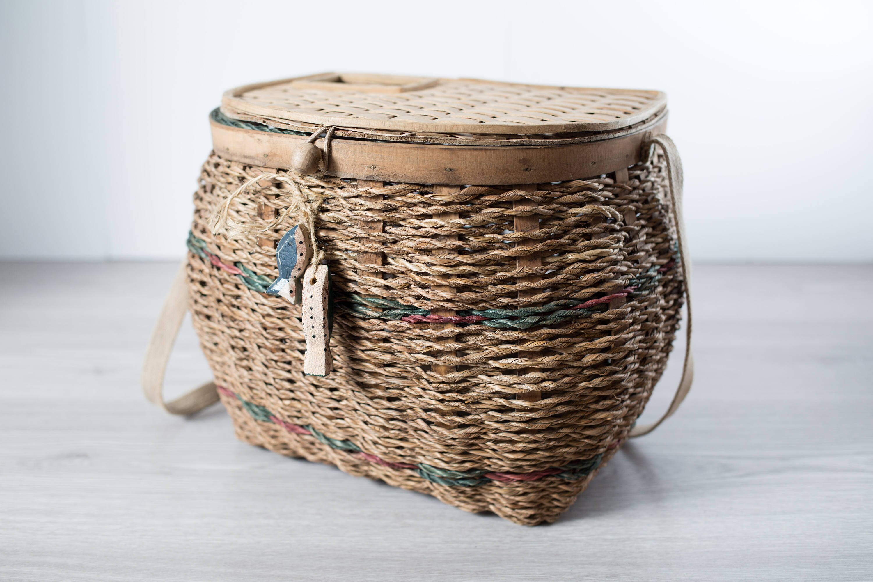 Vintage Fishing Creel / Fly Fishing Woven Rattan Wicker Basket with  Decorative Fish and Shoulder Strap