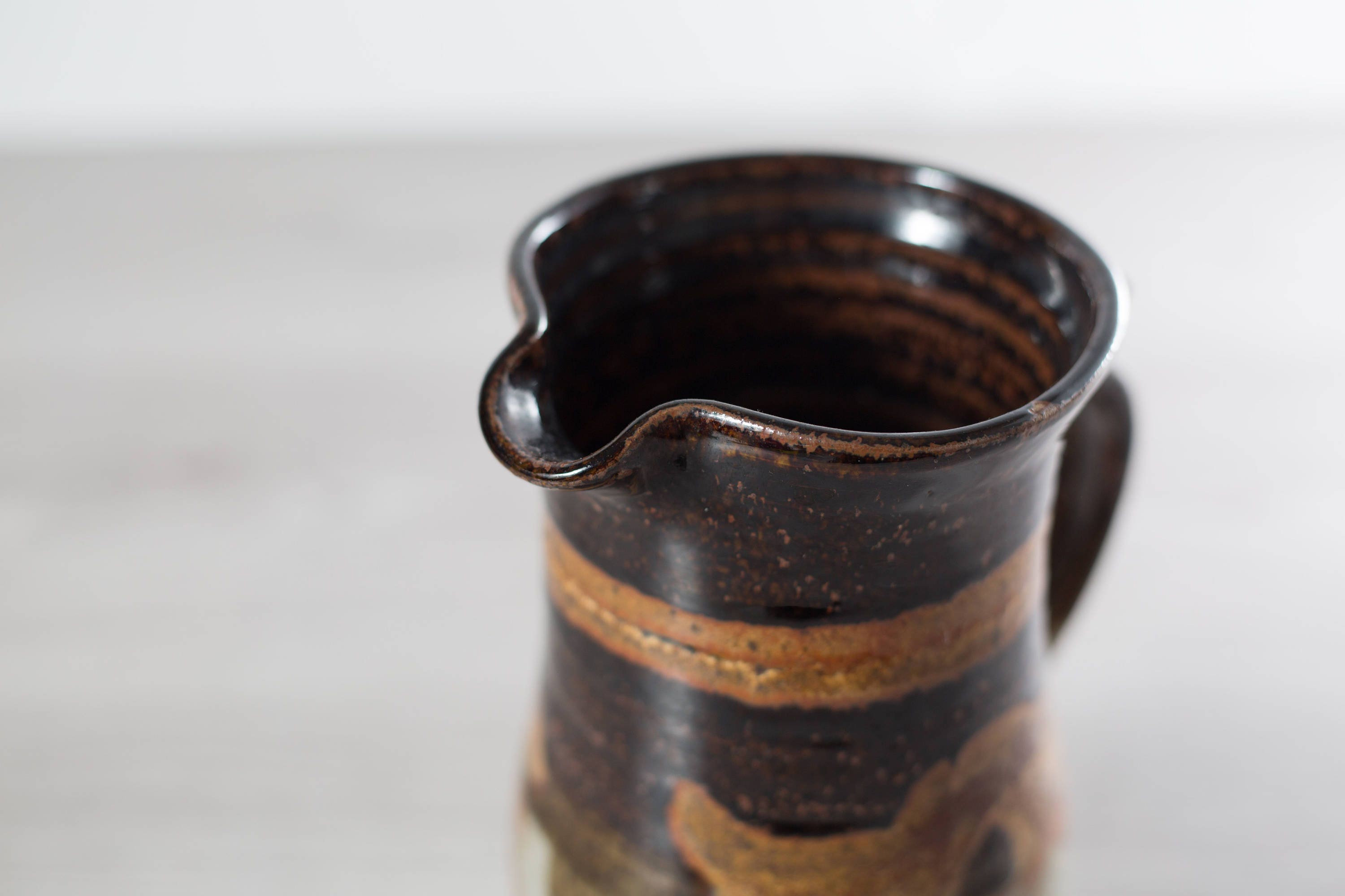 Vintage Ceramic Jug Vase / Brown and Cream Studio Pottery with Wavy