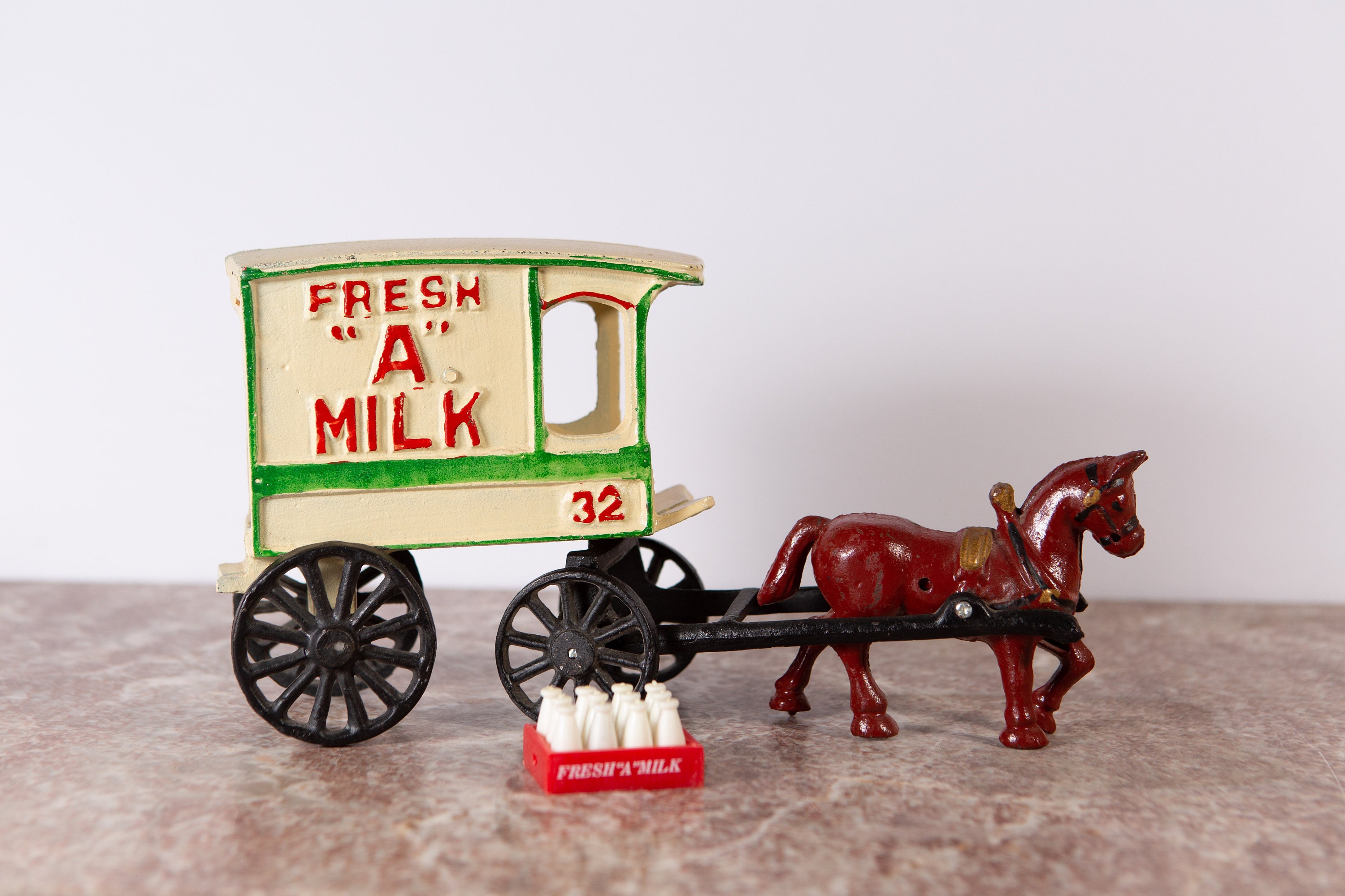 Vintage Cast Iron Fresh A Milk Wagon with Horse and Milk Bottles