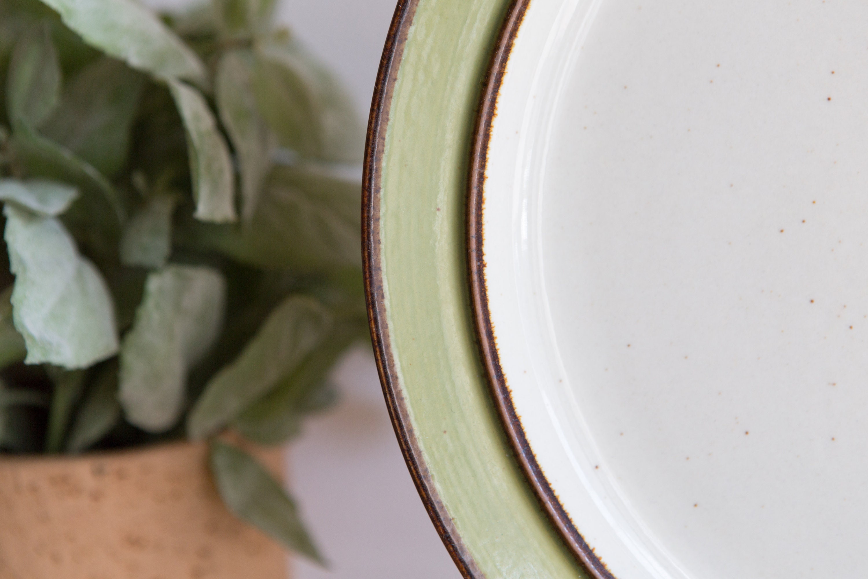 Vintage Dinner Plates / Pair of White and Green Rainbow Stoneware 656