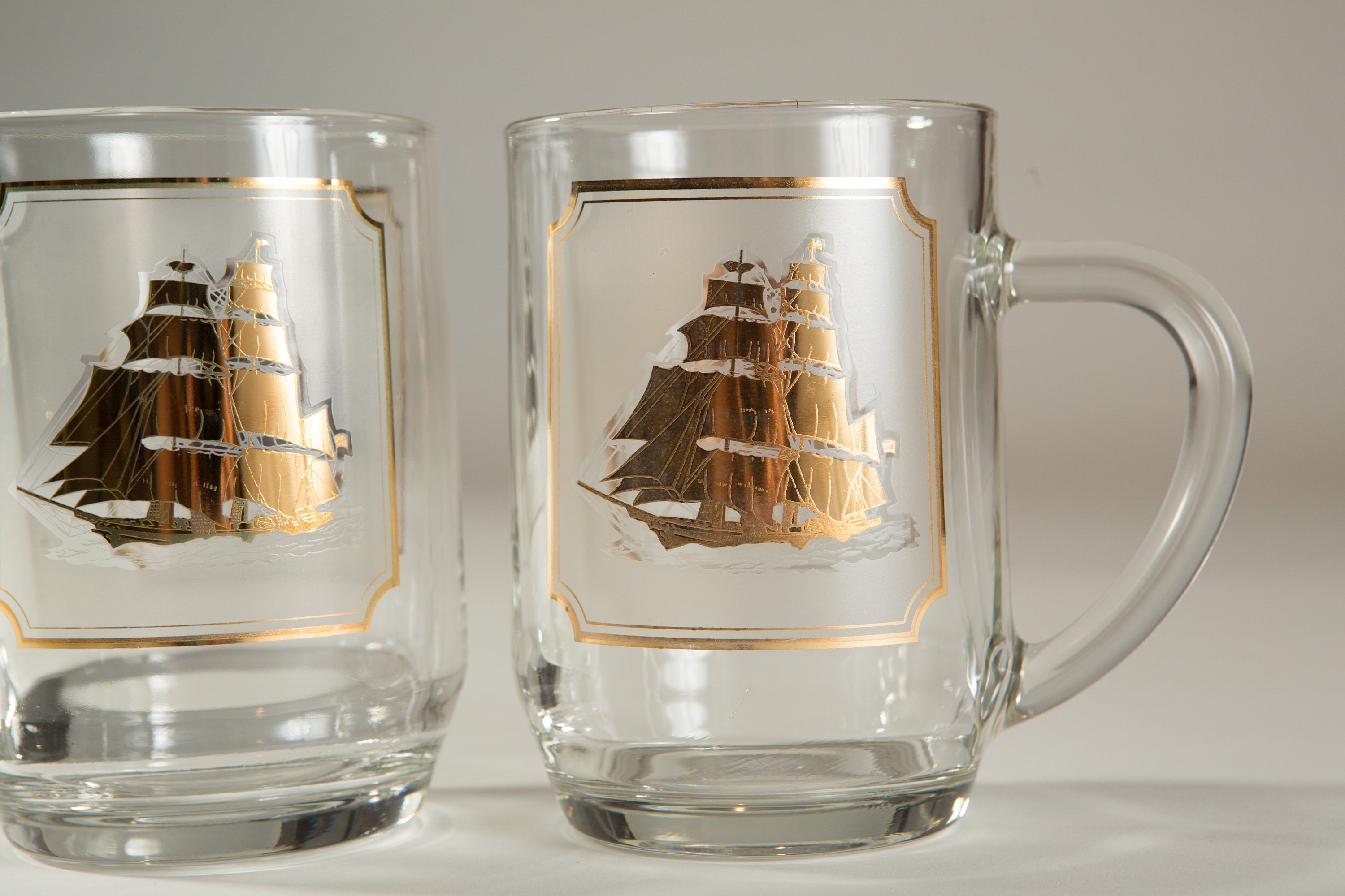 Nautical Ship Mugs Gold Decal Vintage Sailboat Beer / Cocktail Glass