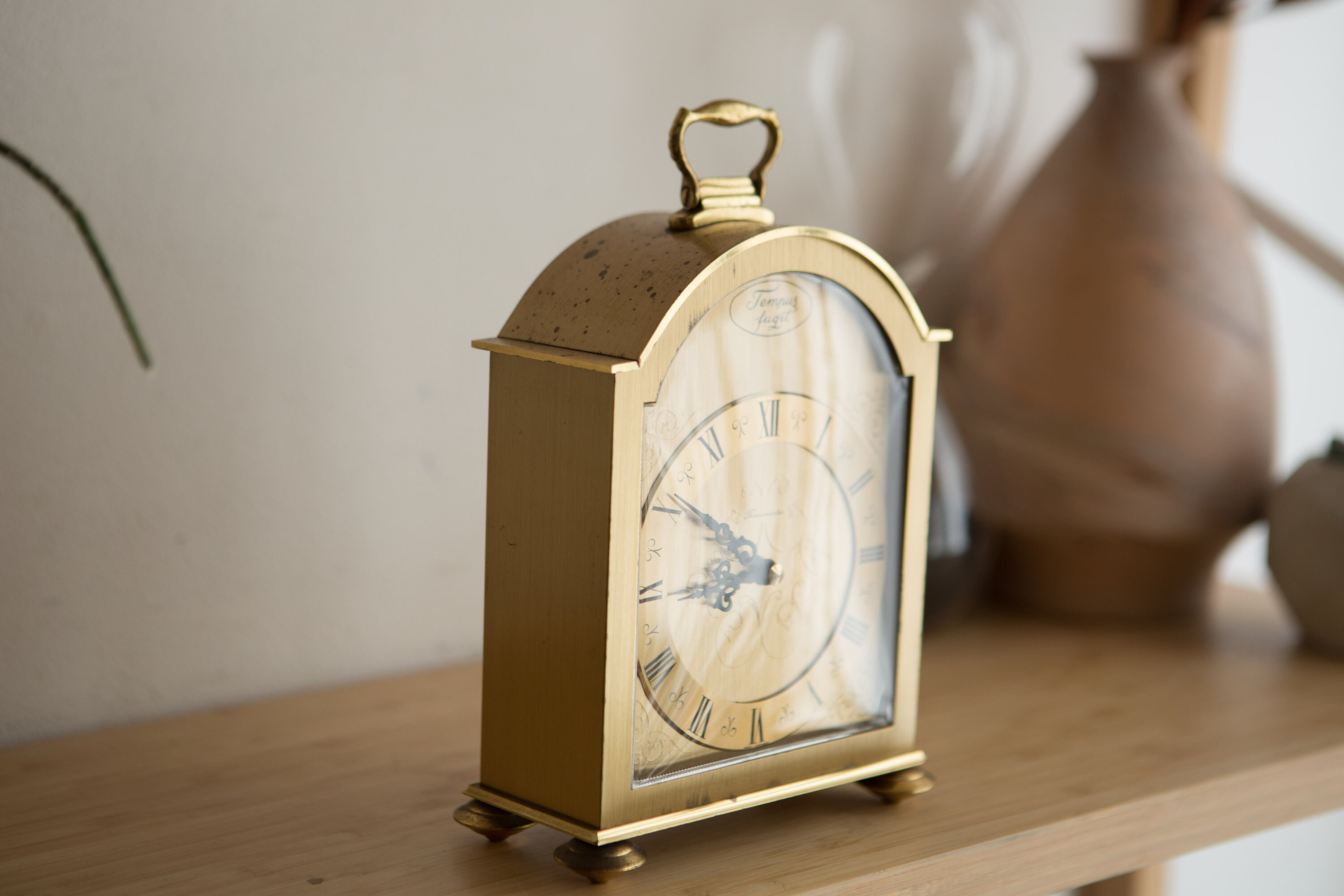 Vintage Tempus Fugit Clock Made in Germany Art Deco Brass Battery