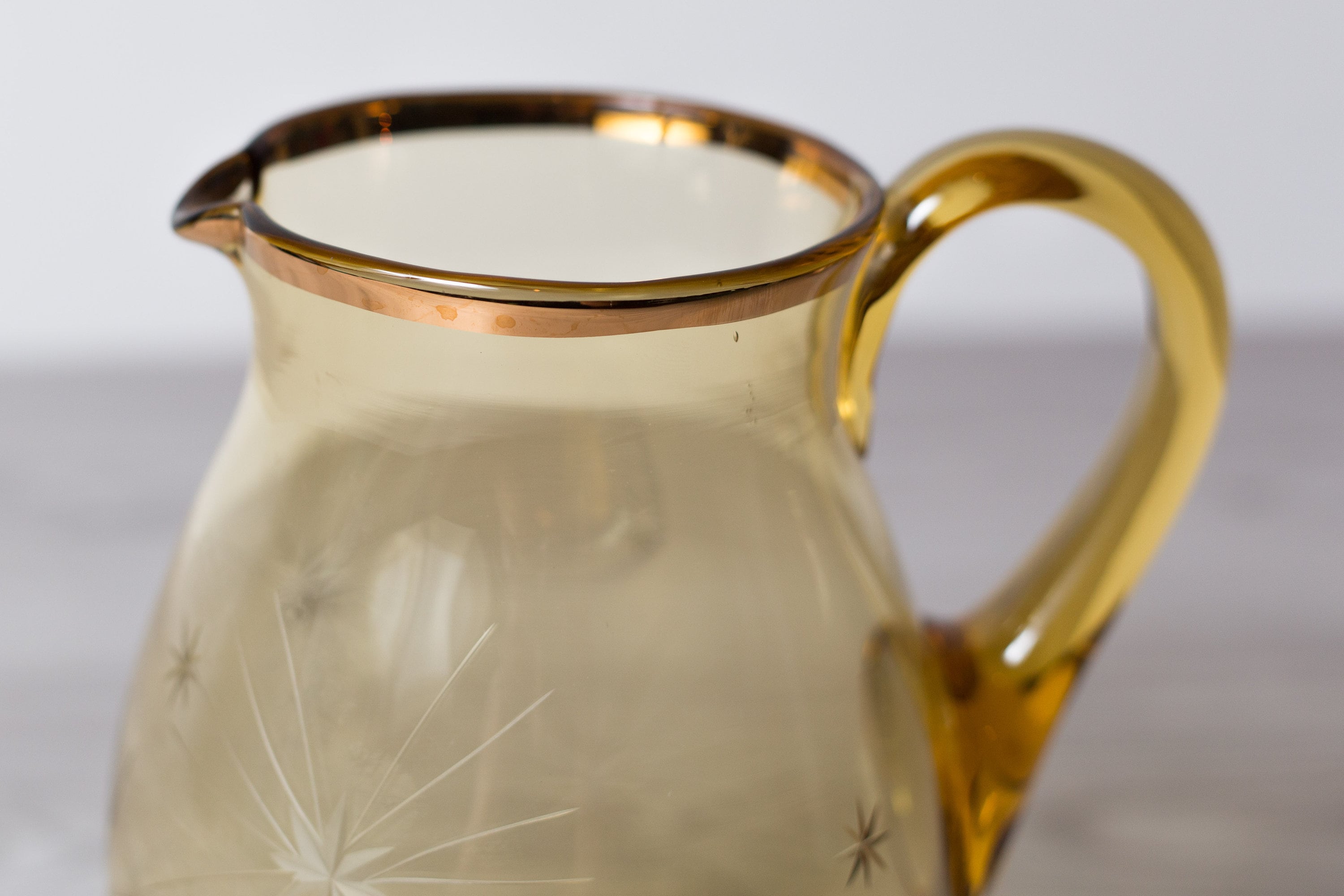 Vintage Amber Pitcher Antique Yellow Colored Blown Glass Juice Cocktail Barware Jug with Gold