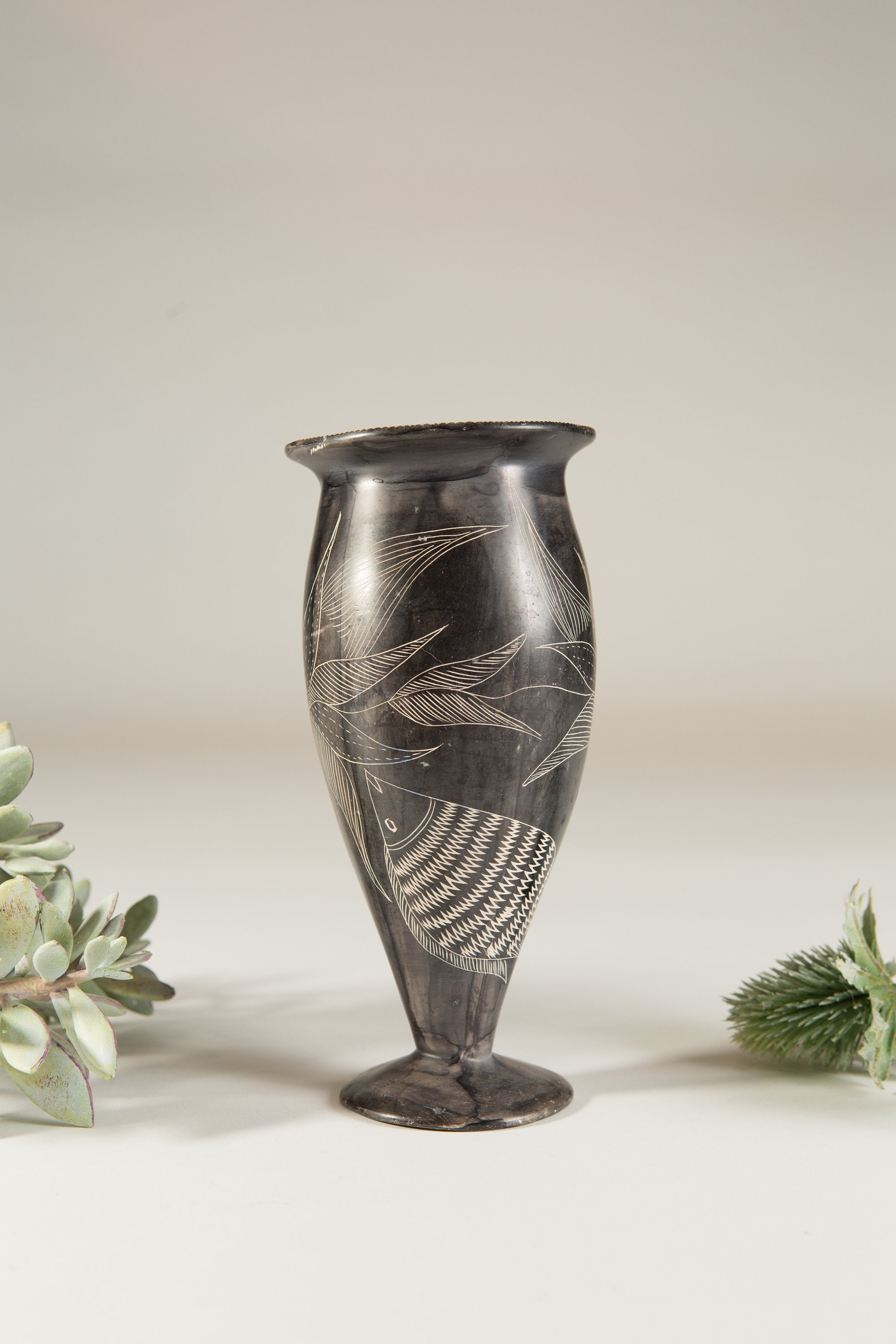 African Soapstone vase Kenyan Hand Carved Kissi Stone Vase with Fish