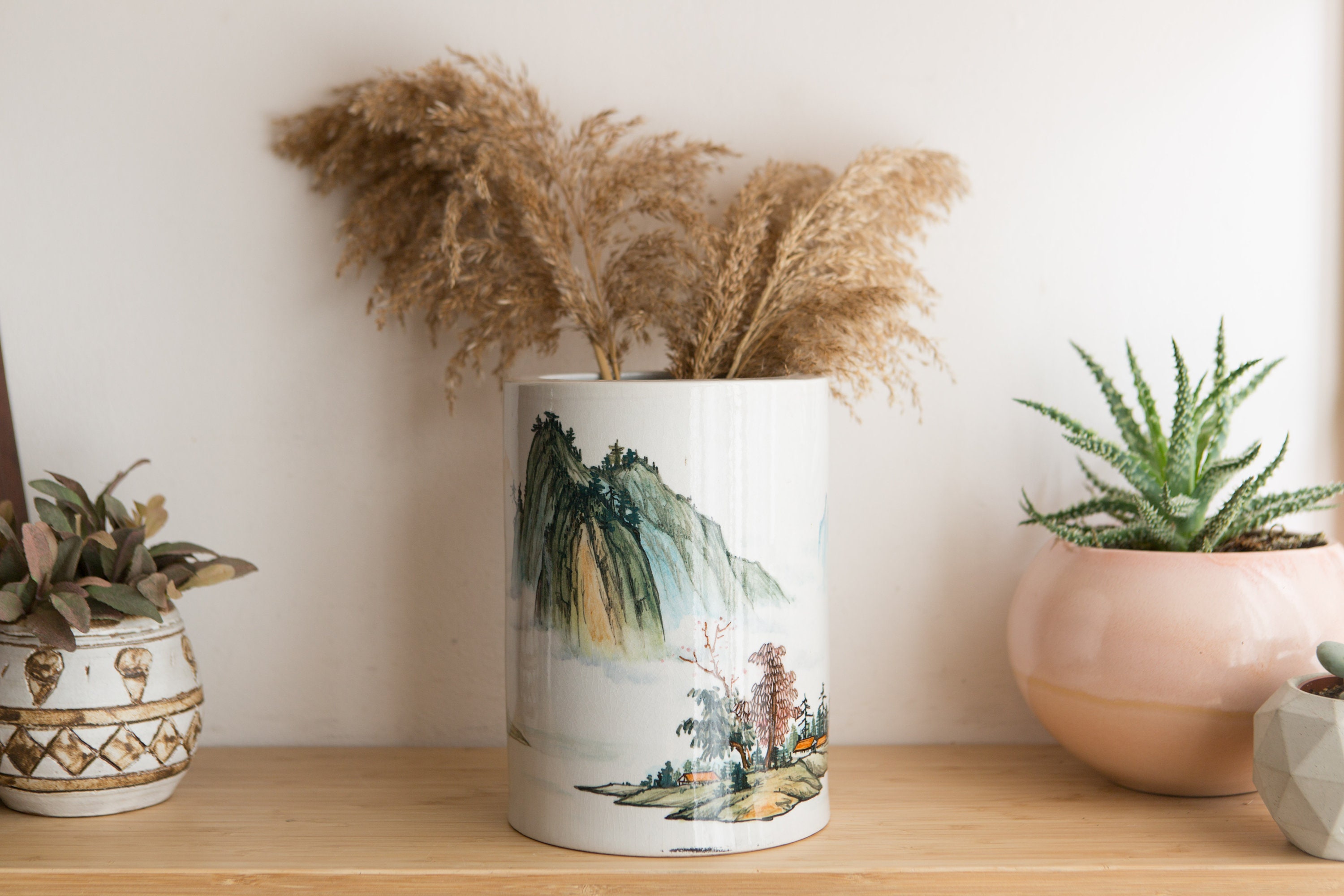 Vintage Landscape Asian Vase With Country Imagery Trees, Mountains