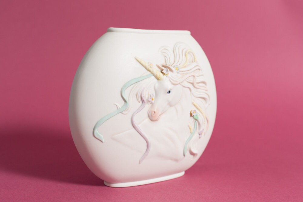 Unicorn Vase Vintage 1980's Ceramic Rainbow Colored Flower Vase