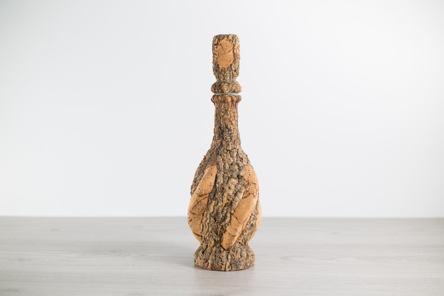 Cork Bark Bottle / MidCentury Italian Cork & Wood Bark Covered Glass