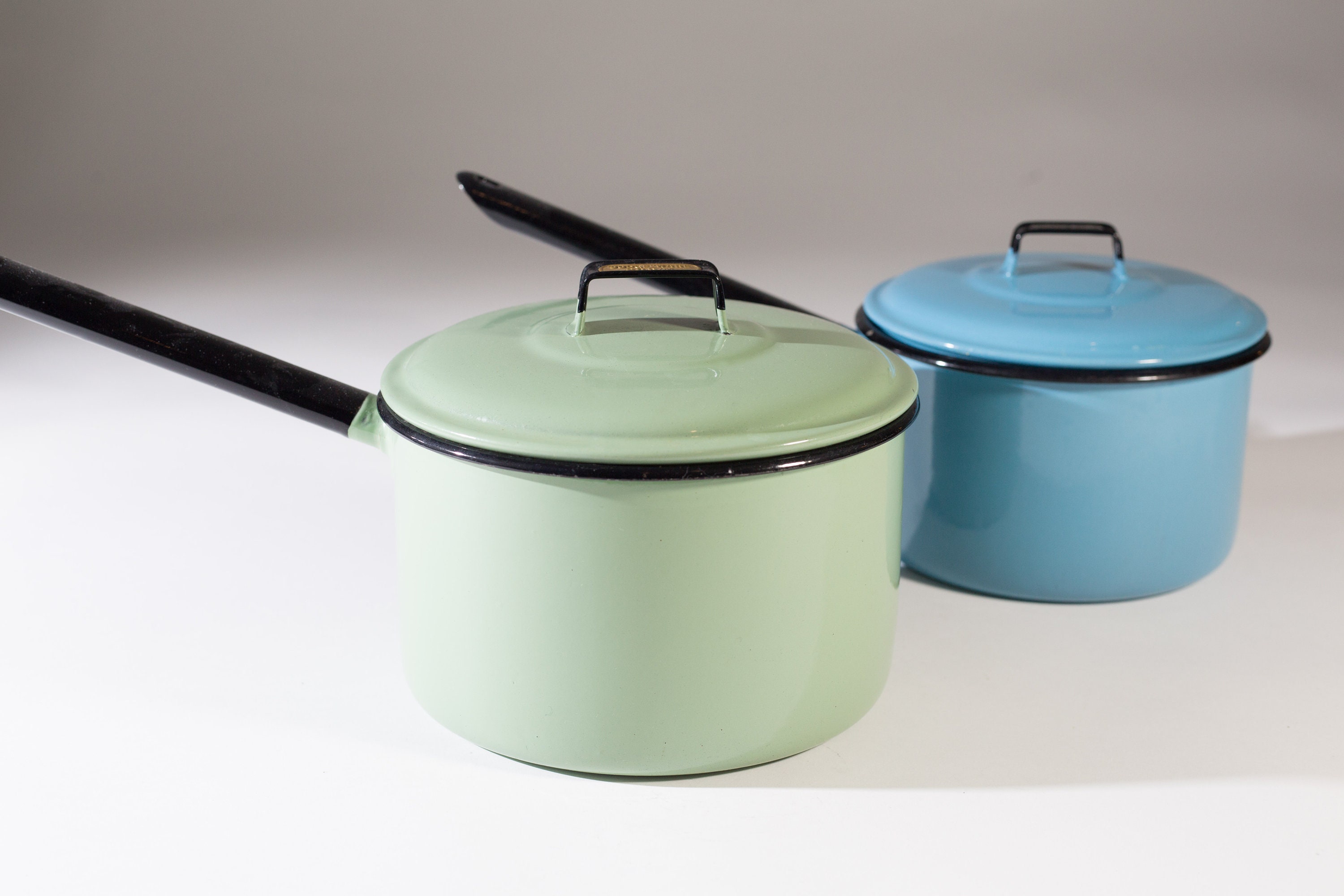 Enamel Cooking Pots Pair of Green and Blue Judge Ware Rustic Camping Enamelware Style Stovetop