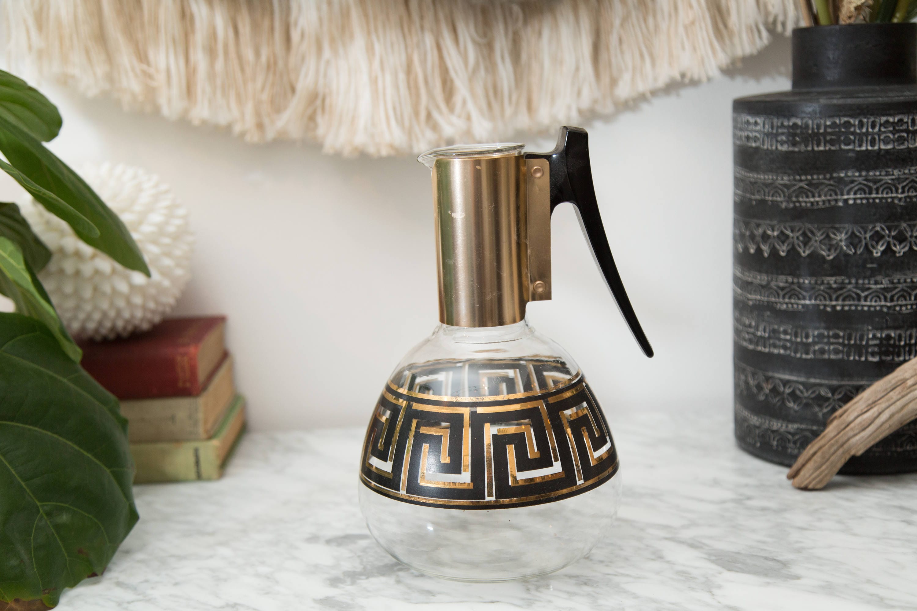 Vintage Glass Teapot with Black and Gold Geometric Design / 1970's