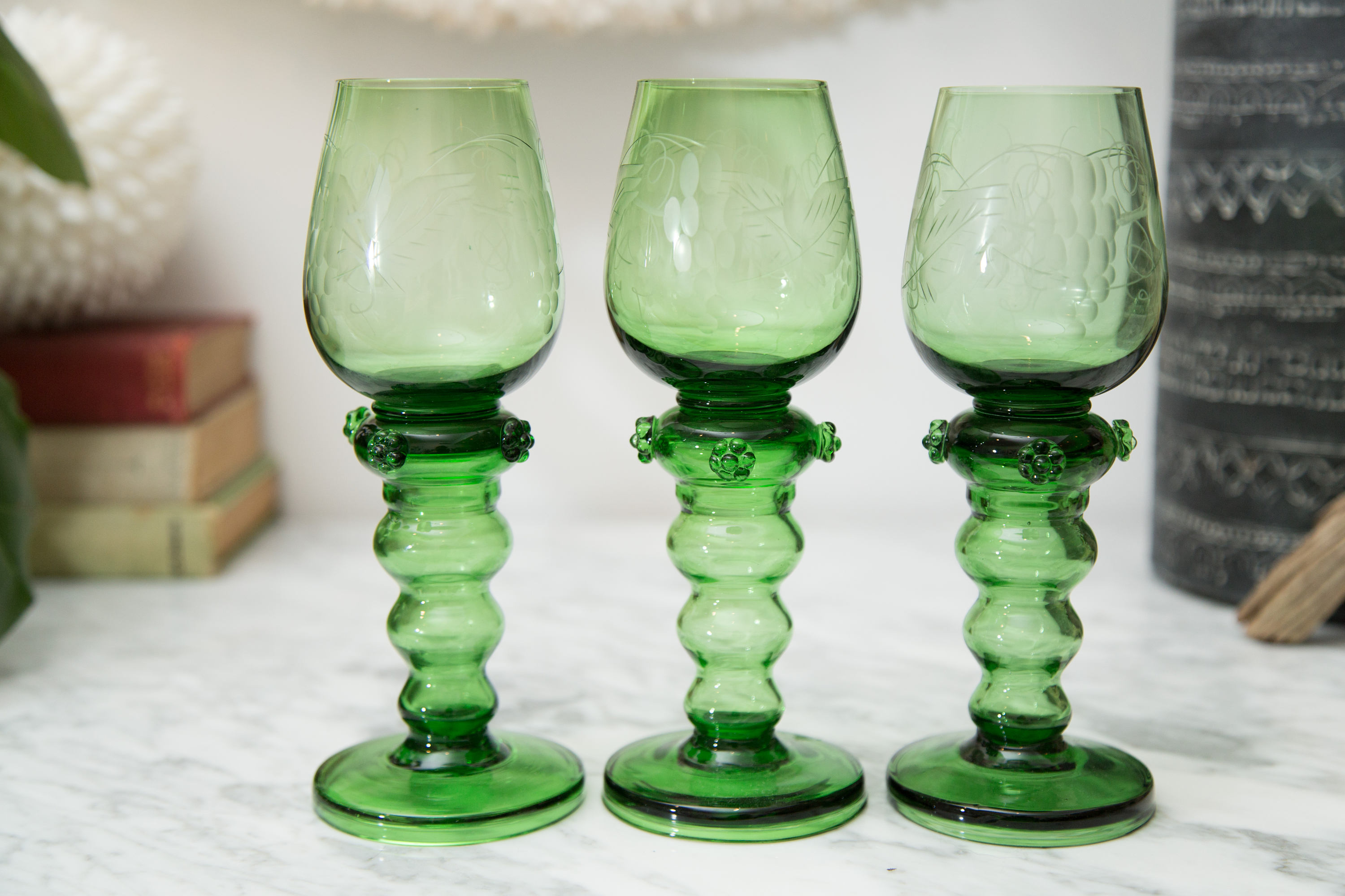 Green Wine Glasses Antique Handblown Floral Etched Set of 3 Tropical