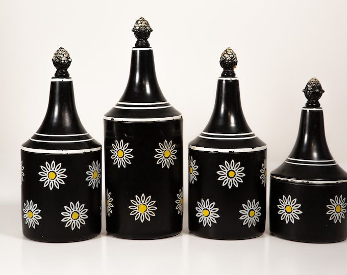 Black Daisy Canisters - Vintage Metal Kitchen Storage Tins with Flowers