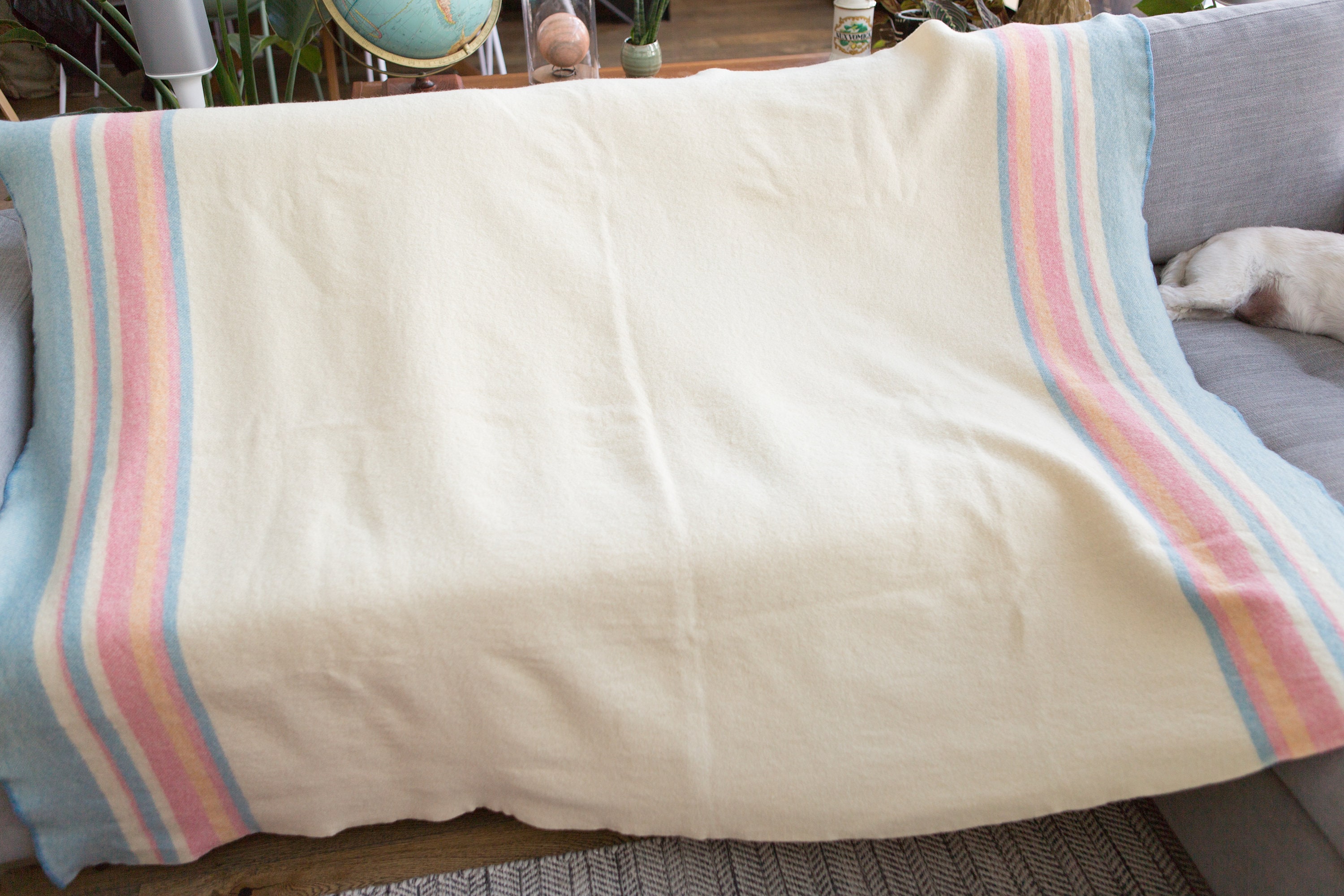 Vintage Striped Blanket Wool Blue and Pink Pinstripe Throw HornBros Woollens Lindsay Made