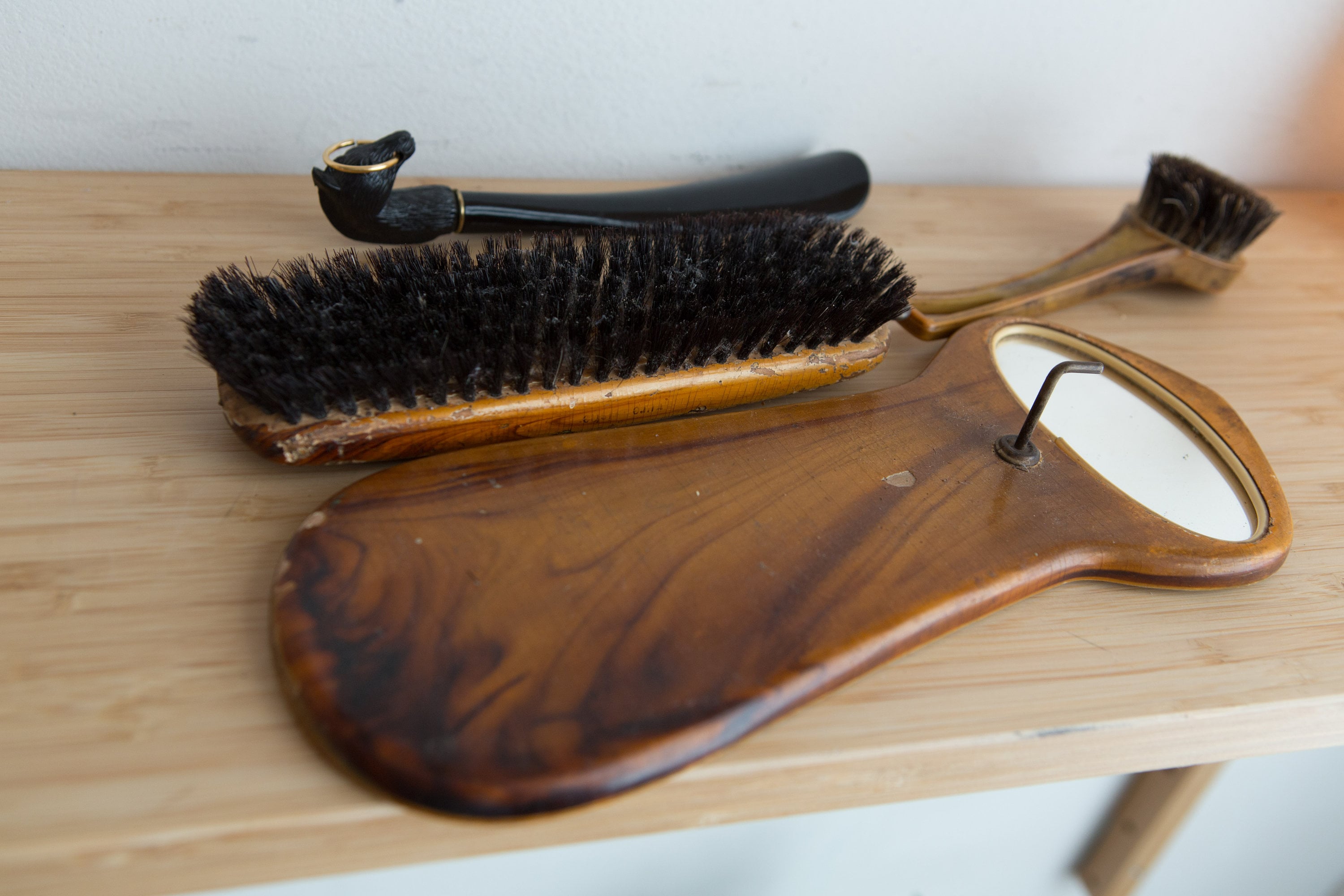 Shoe Brush and Horn Kit Vintage Brown Wood Brush with Mirror