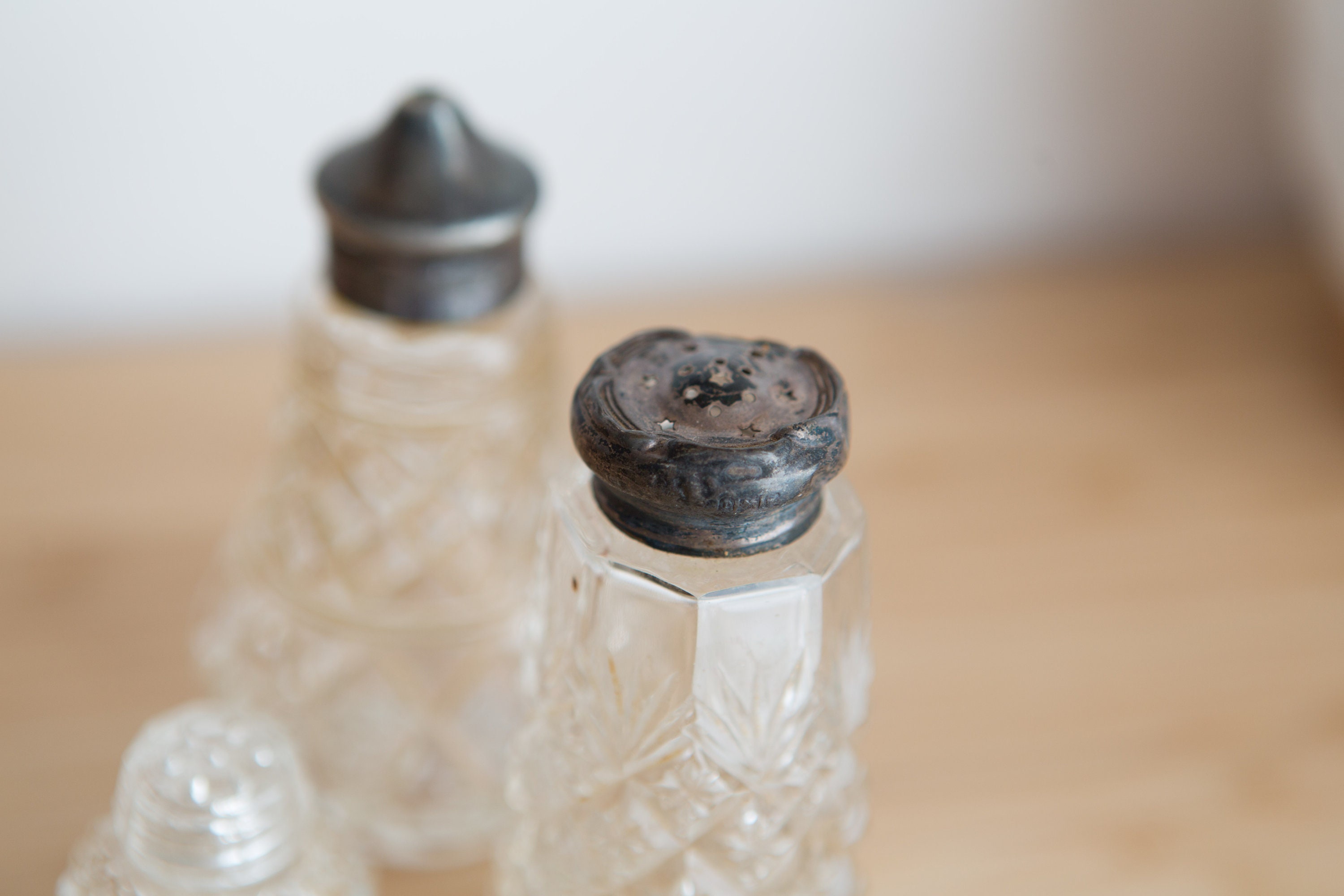 Salt and Pepper Shakers Antique Clear Depression Glass Collectible Silver Lid Shakers